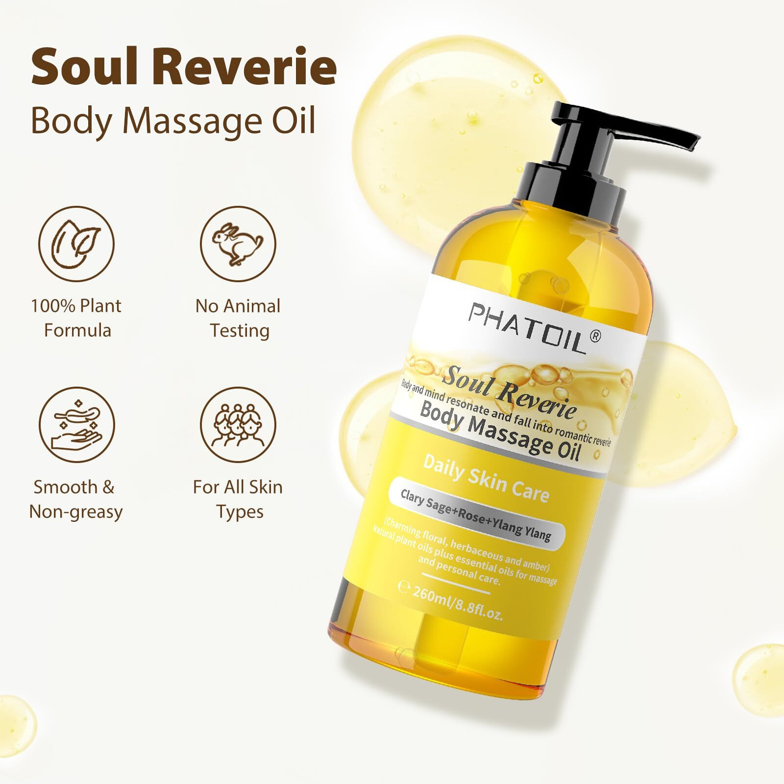 Phatoil 260Ml Ylangylang Body Massage Oil For With Clary Sage And Rose Oil, Large Bottle Body & Facial Oil For Nourishing Skin, Muscle, Scented Body Oil For After Shower(8.8Fl.Oz)