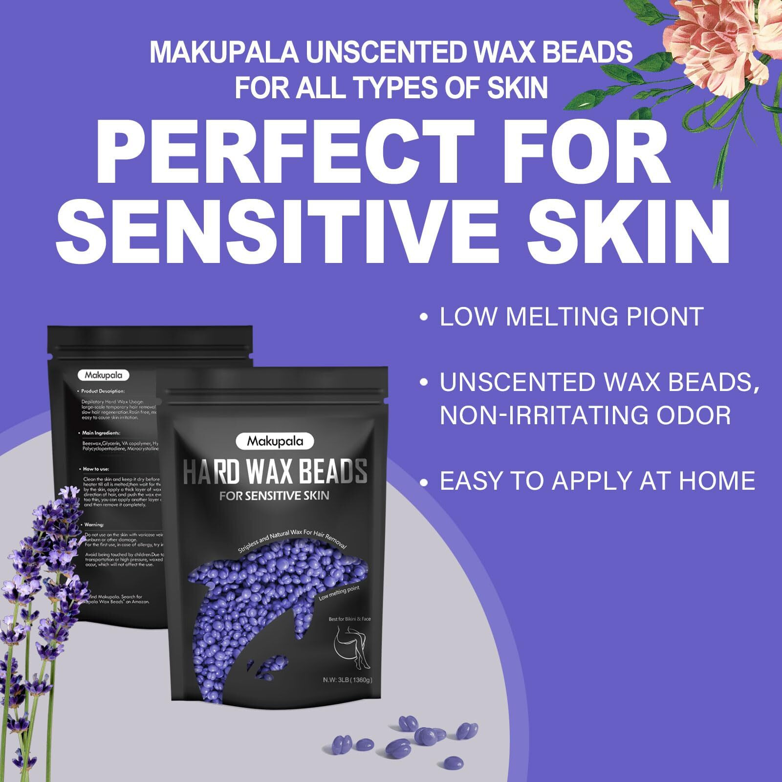 Makupala Hard Wax Beads Bulk For Sensitive Skin, 3Lb Unscented Spa Waxing Beads For Brazilian Waxing, Professional Wax Beans For Full Body, All Skin, Face, Bikini, Legs, Stripless Purple