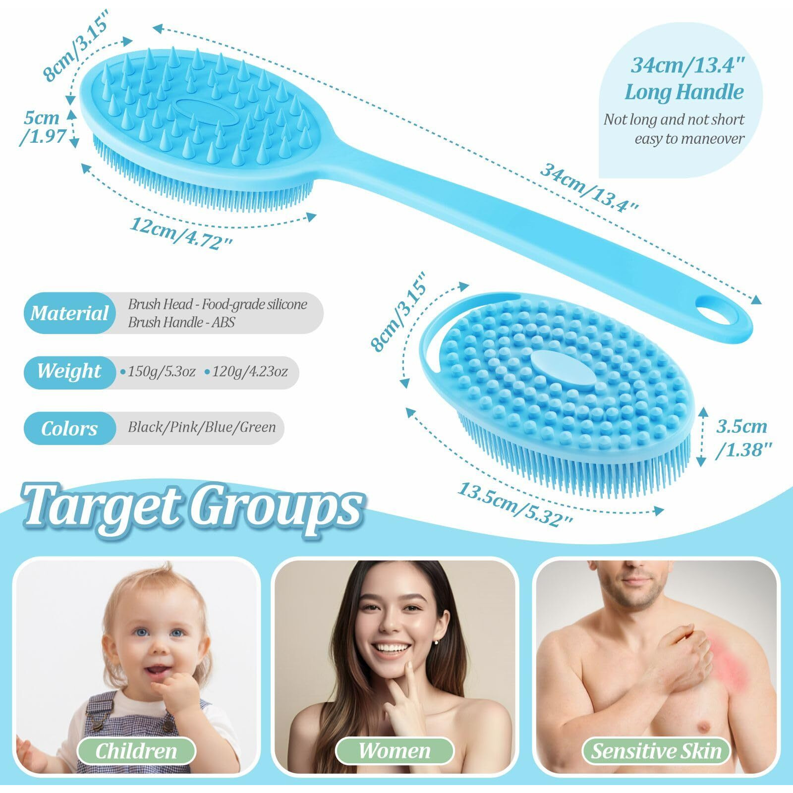 Geenoa Silicone Back & Body & Face Scrubber Set 3Pcs, Gentle Exfoliating Back & Body Scrubber With Dual-Side Brush Head, Hygienic Silicone Loofahs With Soft Bristle And Non-Slip Handle(Blue-3Pc)