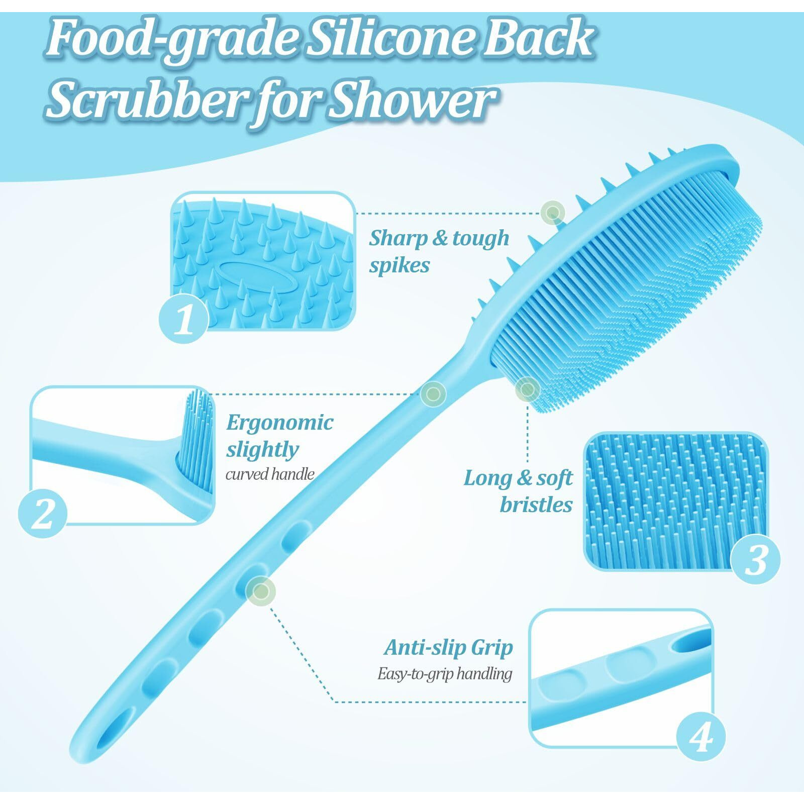 Geenoa Silicone Back & Body & Face Scrubber Set 3Pcs, Gentle Exfoliating Back & Body Scrubber With Dual-Side Brush Head, Hygienic Silicone Loofahs With Soft Bristle And Non-Slip Handle(Blue-3Pc)