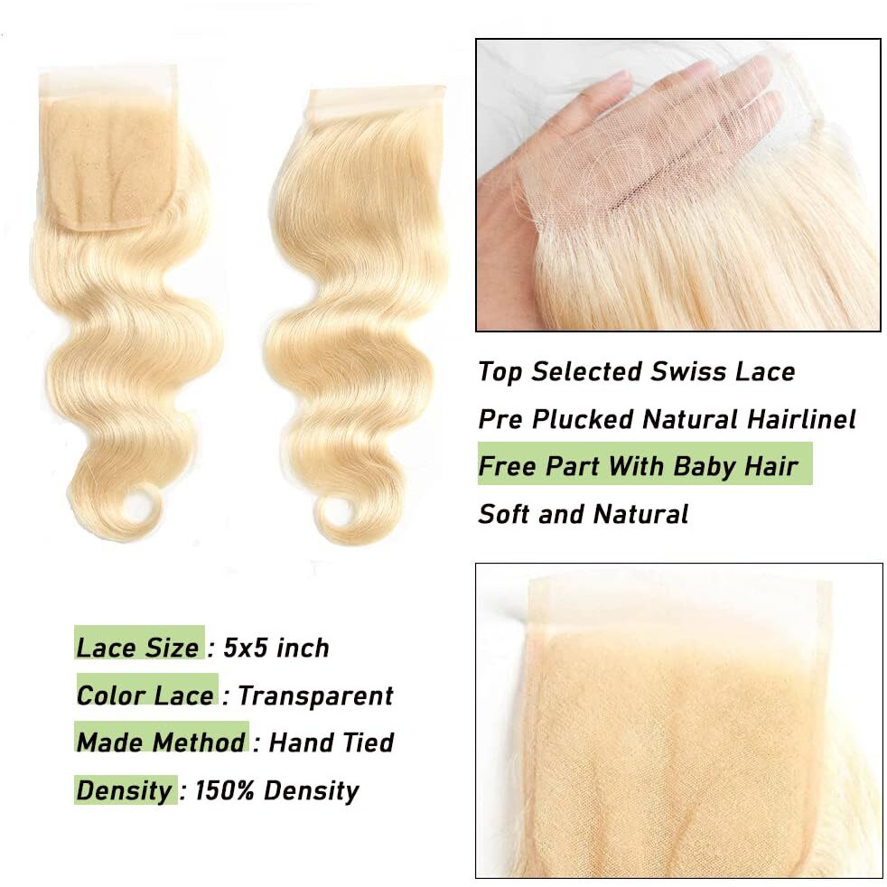 Kafeier 613 Blonde 5X5 Closure 150% Density Body Wave Hd Lace Closure 9A Brazilian Virgin Human Hair Pre Plucked With Baby Hair Natural Hairline Bleached Knots 18 Inch
