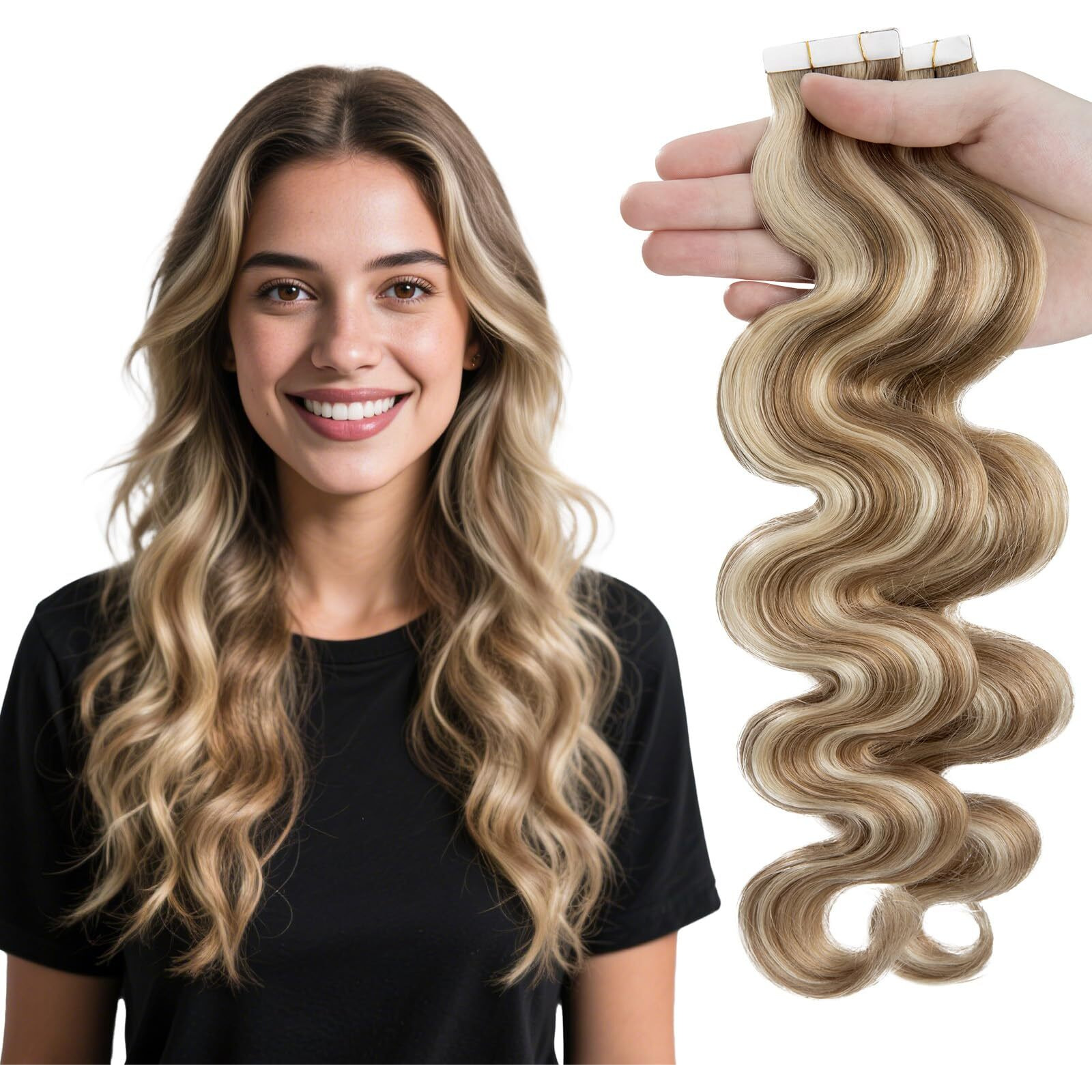 Elailite Wavy Tape In Hair Extensions Human Hair Body Wave Real Remy Hairpieces Golden Brown & Bleach Blonde 20 Inch 50G 20Pcs Invisible Seamless Skin Weft Best Tape For Women