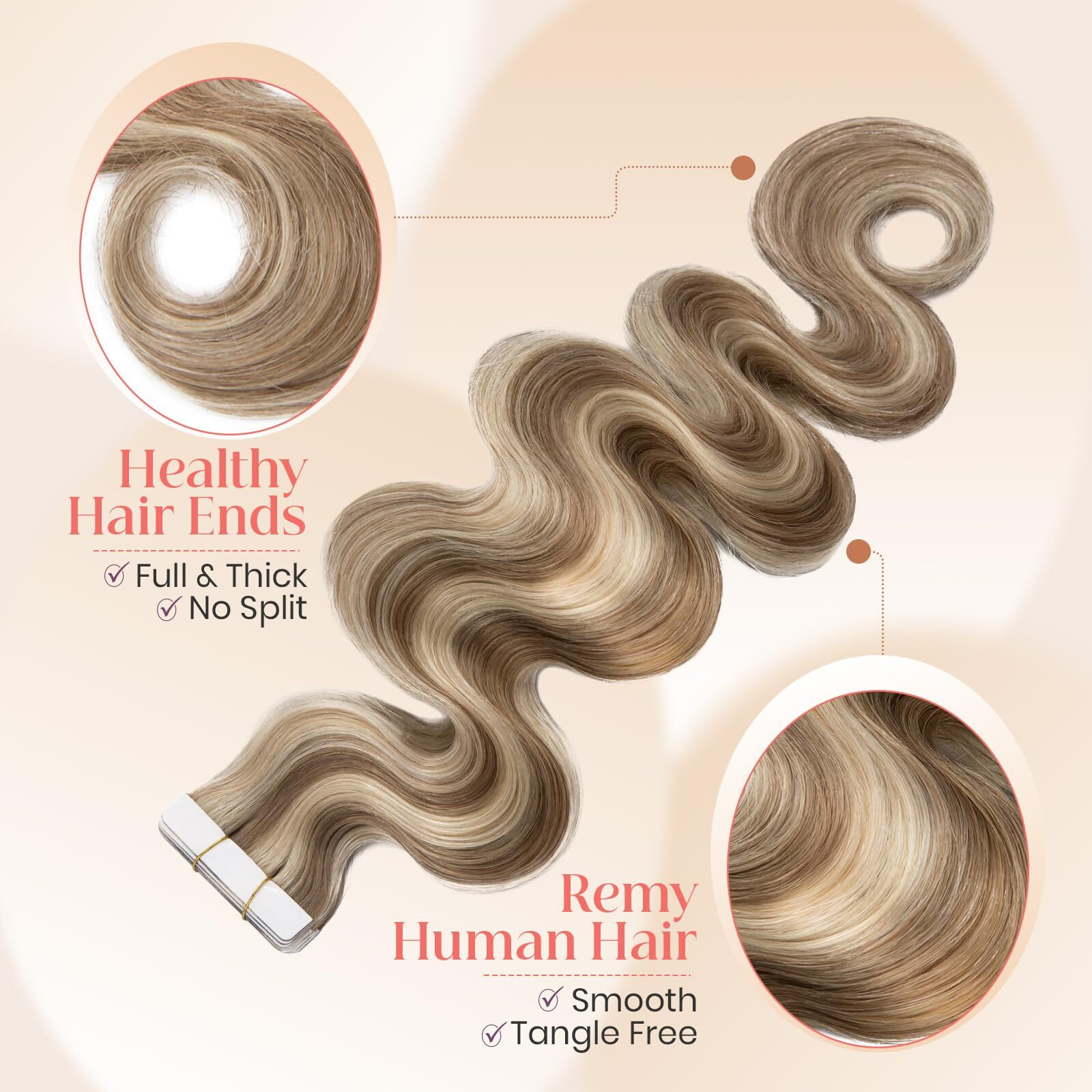 Elailite Wavy Tape In Hair Extensions Human Hair Body Wave Real Remy Hairpieces Golden Brown & Bleach Blonde 20 Inch 50G 20Pcs Invisible Seamless Skin Weft Best Tape For Women