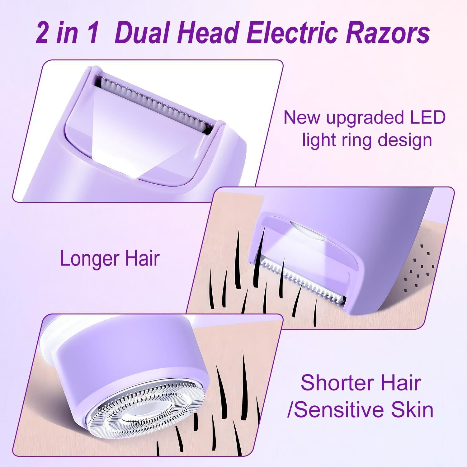Dermave Bikini Trimmer Razors Shaver For Women,2-In-1 Waterproof Electric Dual Ceramic Head Shaver,Ipx7 Waterproof Rechargeable Lady Trimmer For Face,Body&Intimate Areas (Purple)
