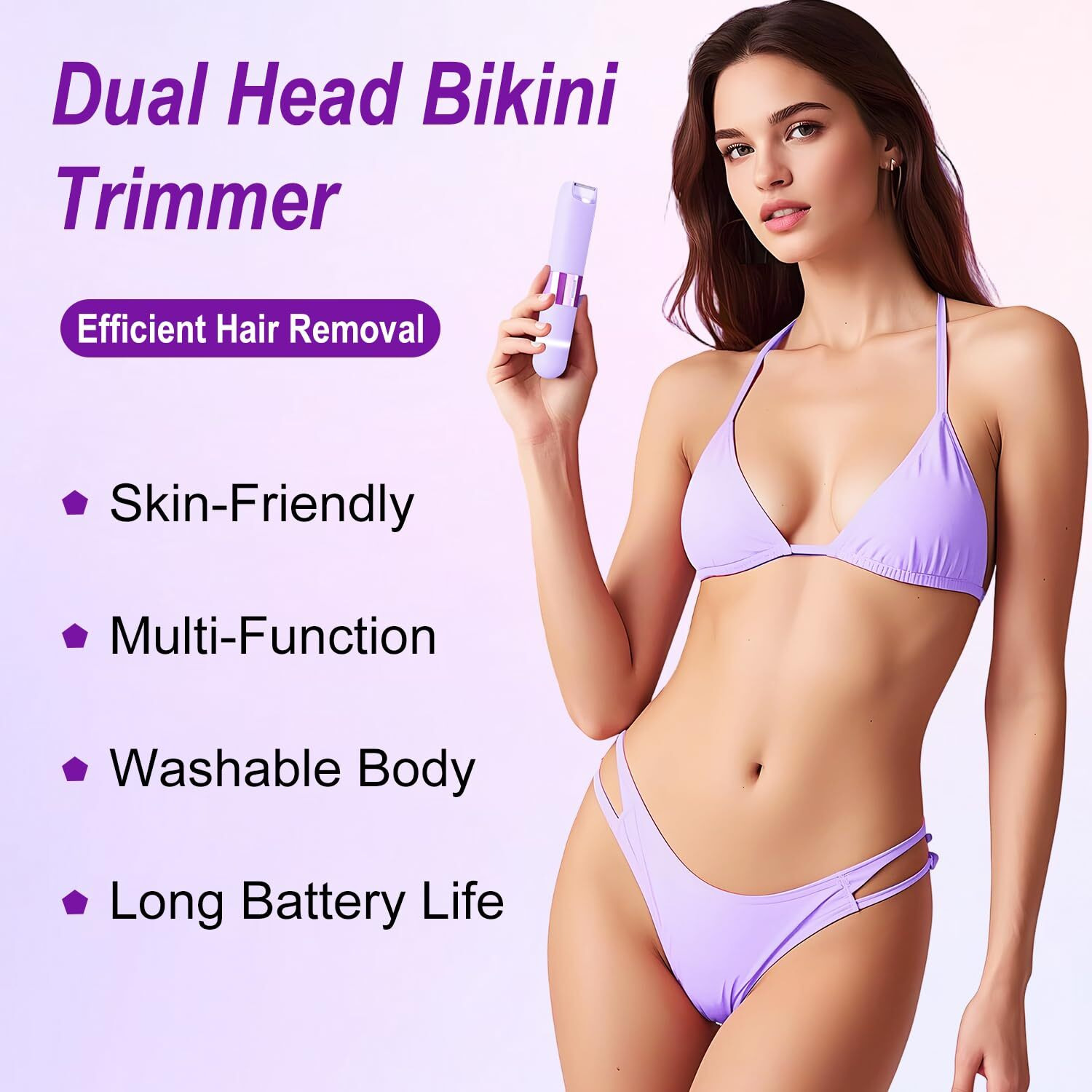 Dermave Bikini Trimmer Razors Shaver For Women,2-In-1 Waterproof Electric Dual Ceramic Head Shaver,Ipx7 Waterproof Rechargeable Lady Trimmer For Face,Body&Intimate Areas (Purple)