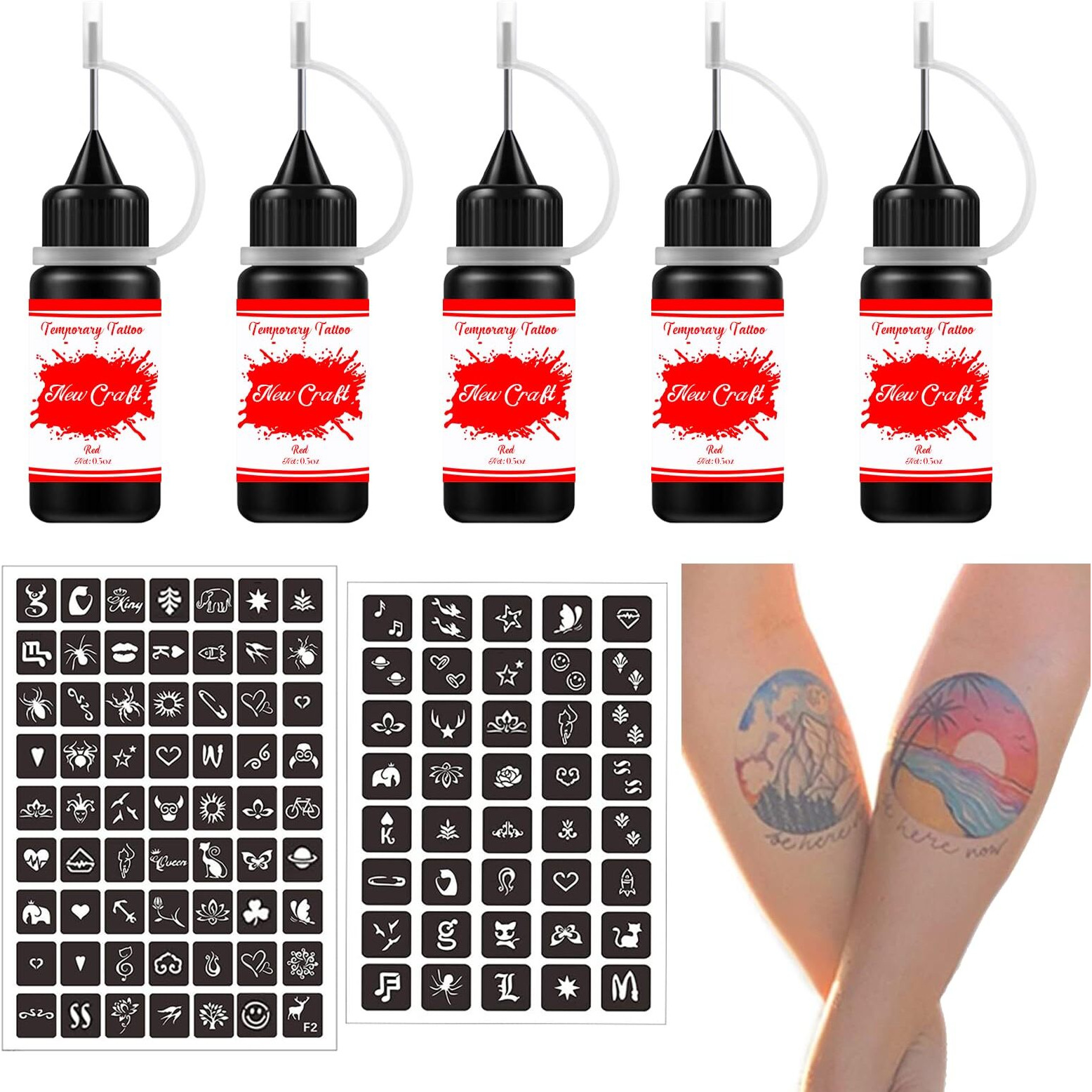 Temporary Tattoos Kit, Semi Permanent Tattoo, Red Color Diy Tattoos, Full Kit 64 Pcs Adhesive Stencil For Women Men Body Markers - 5 Bottles (Red)