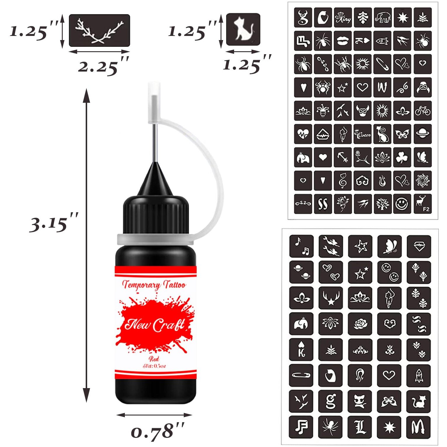 Temporary Tattoos Kit, Semi Permanent Tattoo, Red Color Diy Tattoos, Full Kit 64 Pcs Adhesive Stencil For Women Men Body Markers - 5 Bottles (Red)