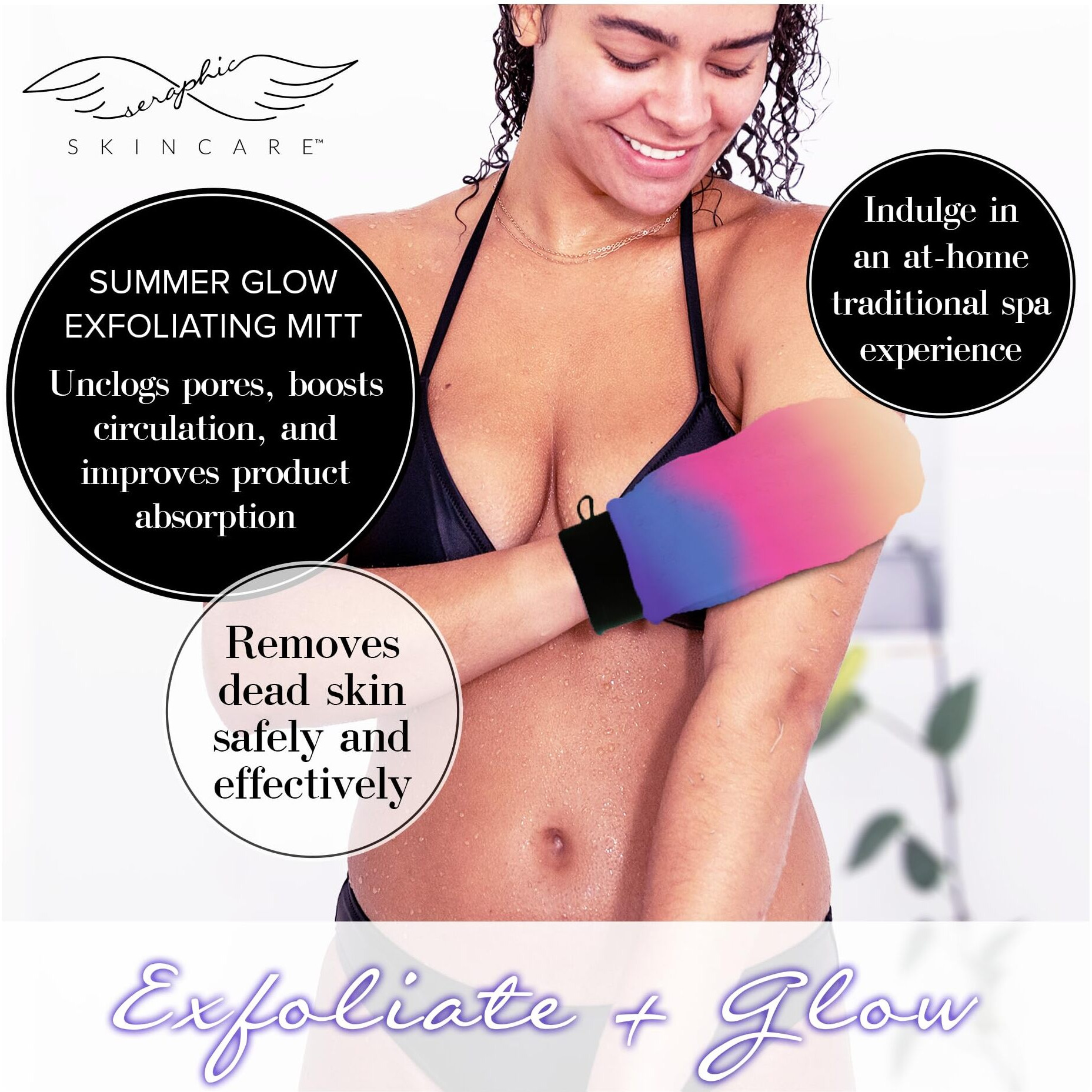 Seraphic Skincare (Summer Glow) Premium Exfoliating Mitt For Body 1Pc- 100% Vegan Viscose Traditional Body Scrub Glove Kessa Korean Washcloth - Body Exfoliator For Self-Tan Removal & Keratosis Pilaris