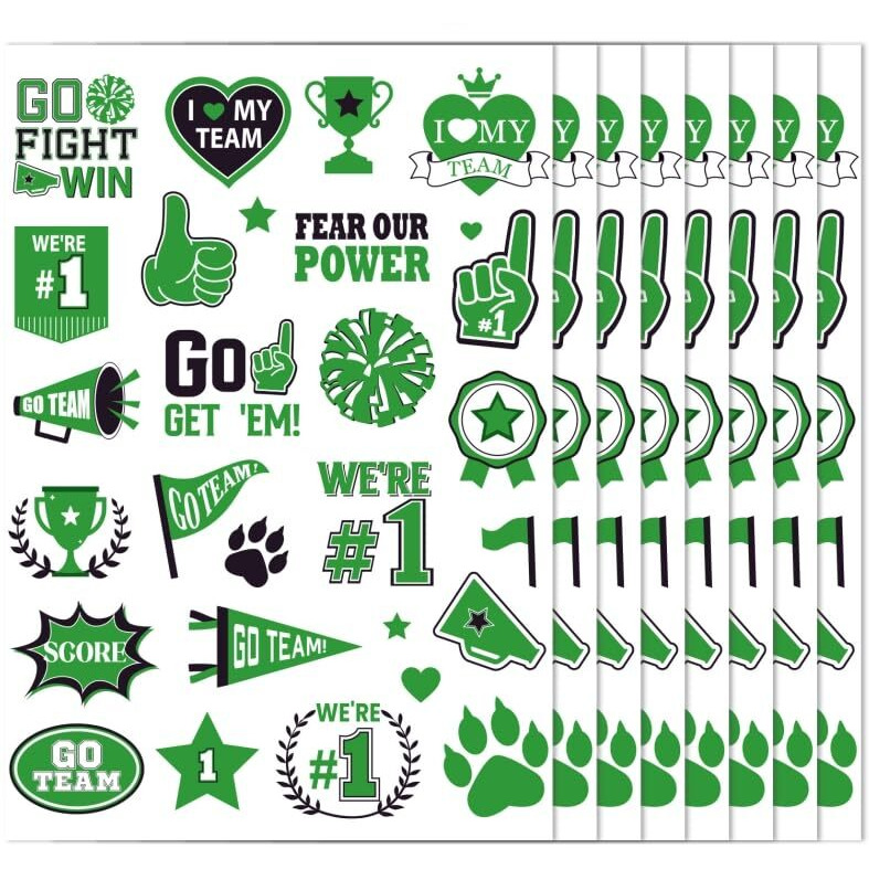 Green Team Spirit Temporary Tattoos, 180 Pcs Glitter Green Team Spirit Accessories, Football Sports Teams Face Body Tattoo Stickers For Cheerleading Teams Sports Games Supplies Classroom Prizes