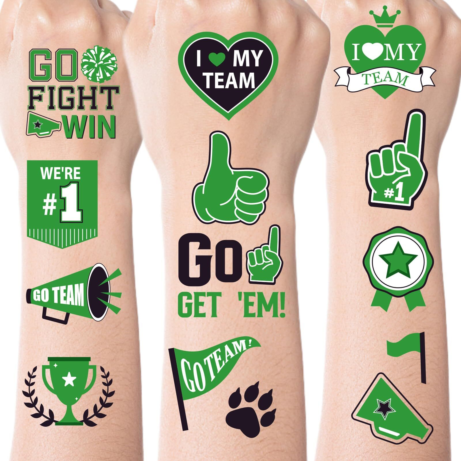 Green Team Spirit Temporary Tattoos, 180 Pcs Glitter Green Team Spirit Accessories, Football Sports Teams Face Body Tattoo Stickers For Cheerleading Teams Sports Games Supplies Classroom Prizes