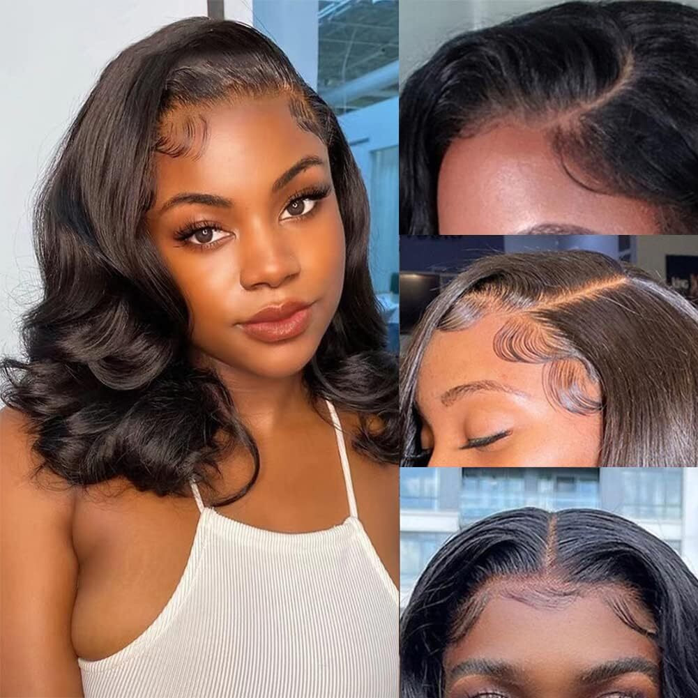 Uvvuvv Bob Wig Human Hair 4X4 Frontal Lace Wig 10 Inch Body Wave 180% Density Hd Lace Front Wigs Human Hair Pre Plucked Bob Wigs For Women (10 Inch, Natural Black)