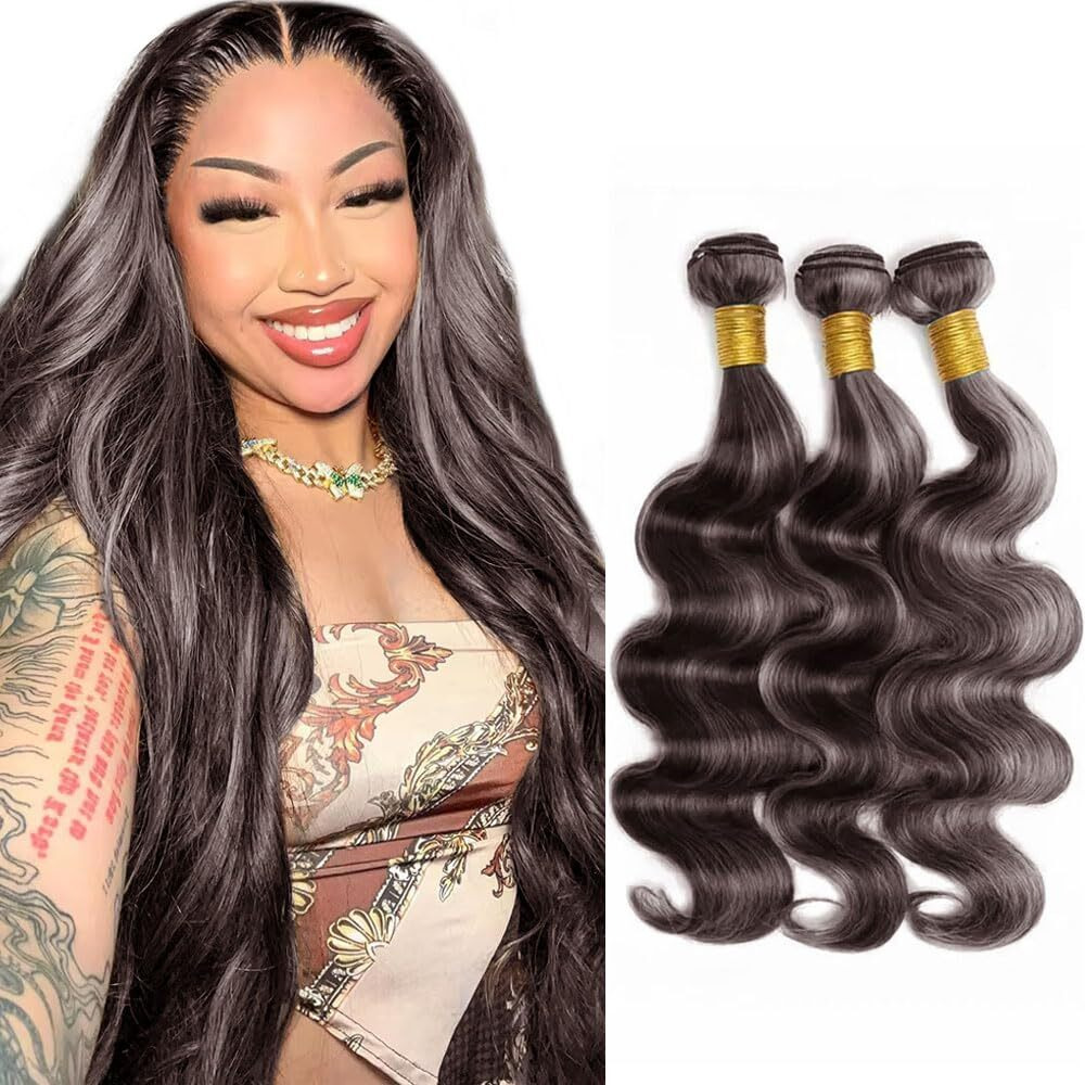 28 30 32 Inch Brown Bundles Highlight Gray Body Wave Human Hair Bundles Peruvian Two Tone Brown Mixed With Silver Bundles Human Hair Weave Grey Bundles