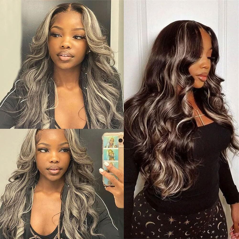 28 30 32 Inch Brown Bundles Highlight Gray Body Wave Human Hair Bundles Peruvian Two Tone Brown Mixed With Silver Bundles Human Hair Weave Grey Bundles