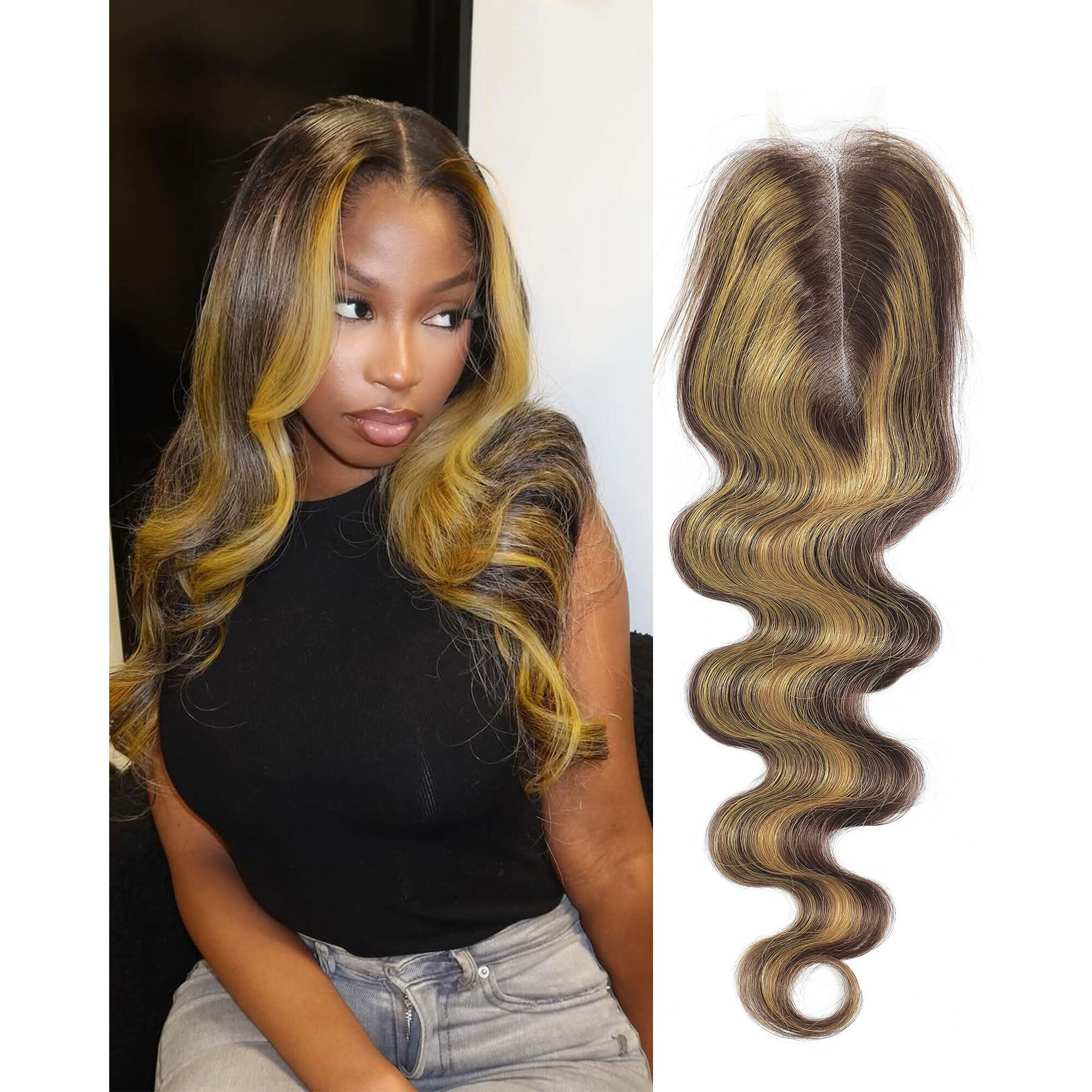 Dsekcain Highlight Yellow Golden Blonde On Chocolate Brown Color 2X6 Hd Lace Closure Human Hair Body Wave Long Middle Part Transparent 2X6 Lace Closure 100% Raw Virgin Human Hair 18 Inch 150% Density