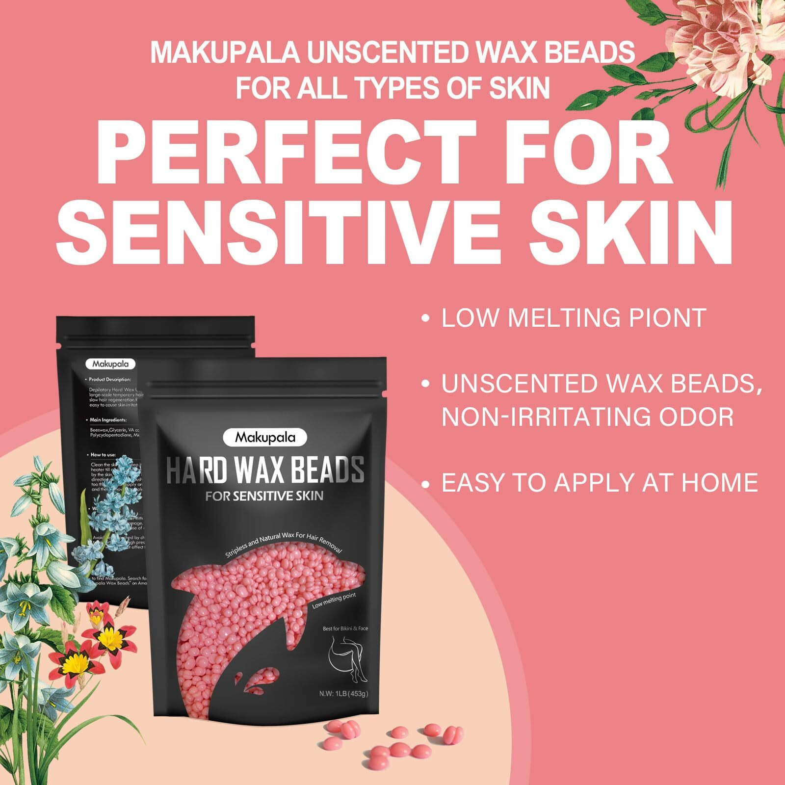 Makupala Wax Beads, 1Lb Unscented Waxing Beads For Sensitive Skin, Coarse Hair Removal, Bikini, Brazilian Waxing, Body, Back, Leg, Underarms, Facial, At Home Refill Natural Wax Beans For Women Men