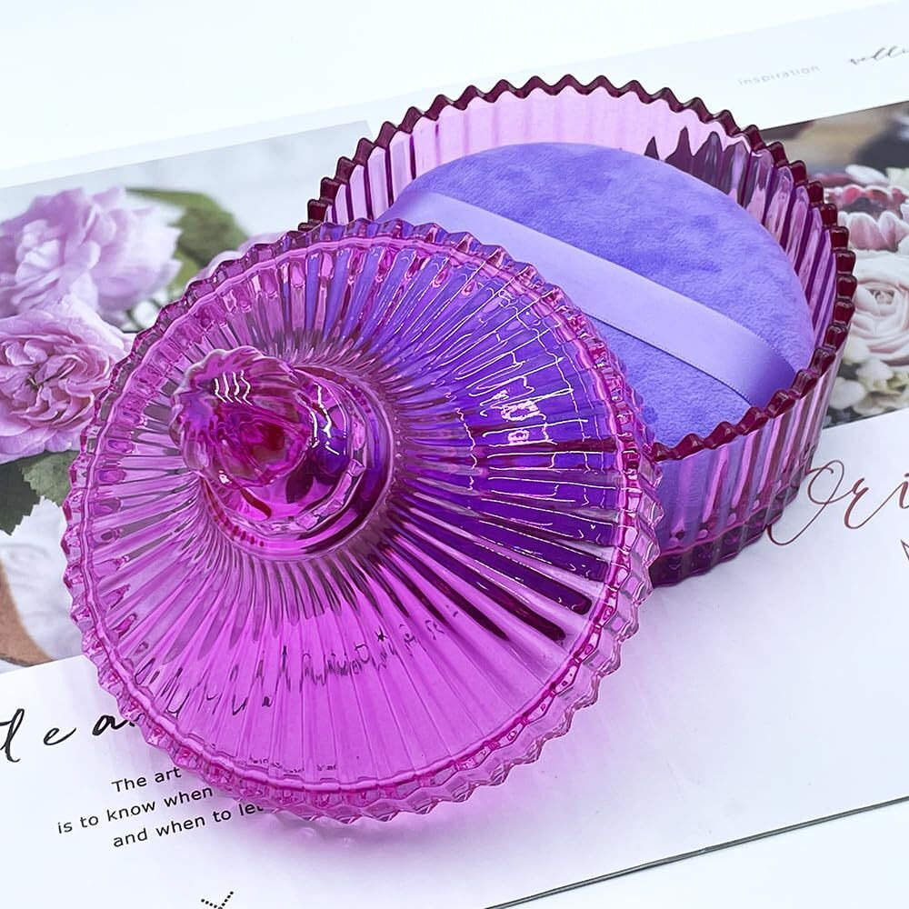 2 Pack Extra Large 5.2"" Beige & Purple Powder Puffs And 5.3"" Glass Container - Oversized Soft Body & Face Large Powder Puff Dusting Powder Jar Holder Case(Pink Glass)