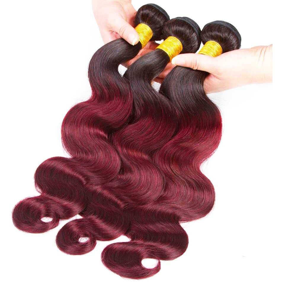 1B99J Ombre Burgundy Body Wave Bundle Black To Burgundy Human Hair 3 Bundles 100% Unprocessed Virgin Hair Brazilian Double Weft Extensions Wine Red Color 22 24 26 Inch For Women