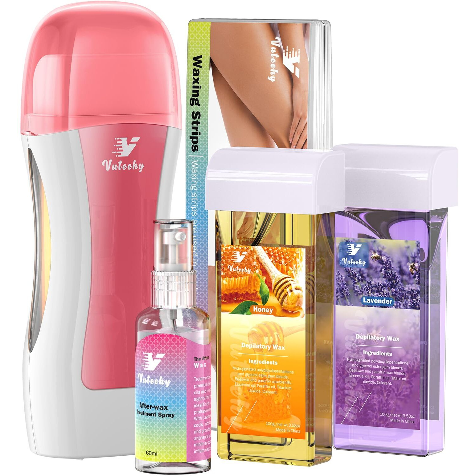 Vuteehy Roll On Wax Kit, Roll On Waxing Kit For Hair Removal, Waxing Kit For Women, Wax Kit For All Skin Types, Easy To Use, At-Home Hair Removal For Body, With 2 Cartridges & 50 Pcs Strips