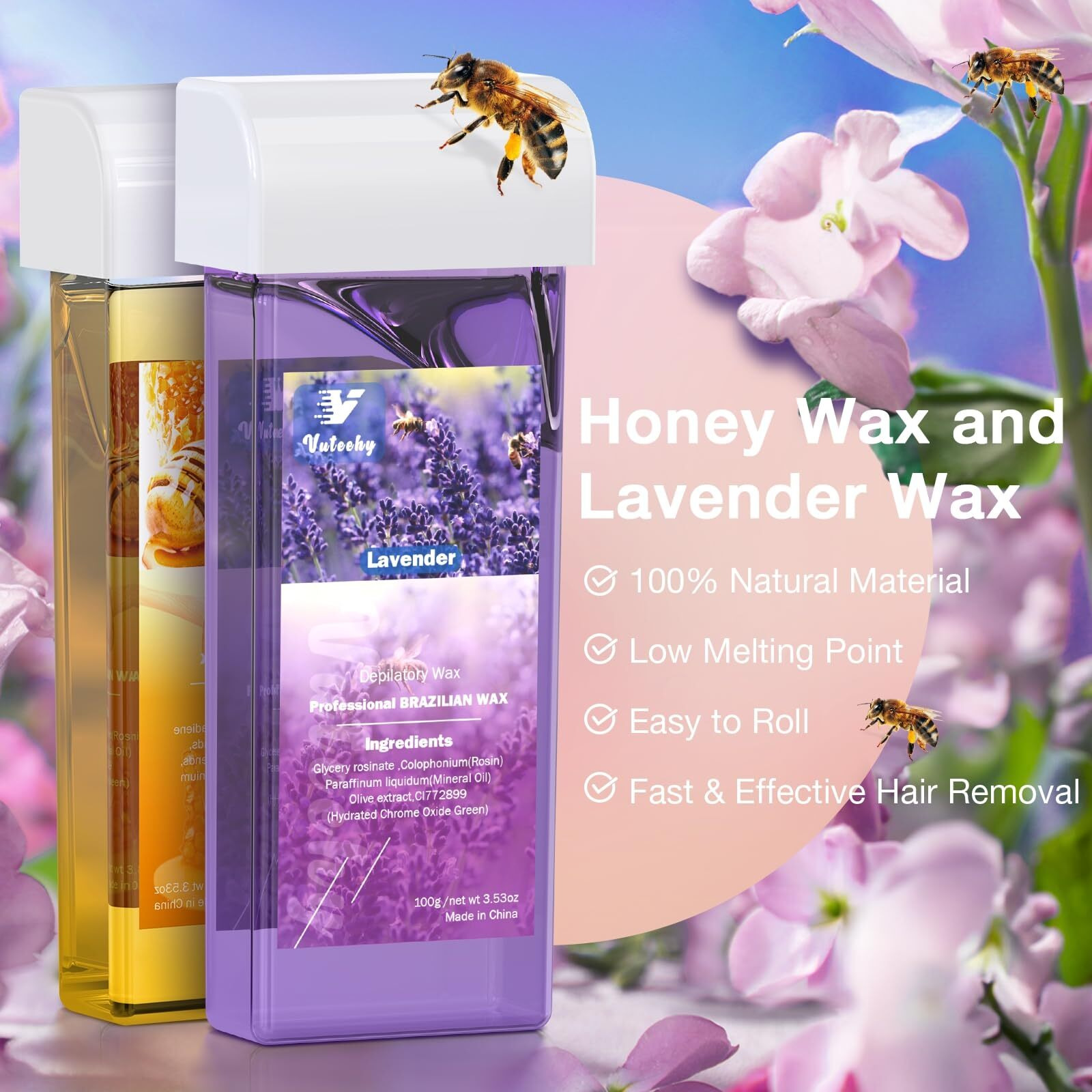 Vuteehy Roll On Wax Kit, Roll On Waxing Kit For Hair Removal, Waxing Kit For Women, Wax Kit For All Skin Types, Easy To Use, At-Home Hair Removal For Body, With 2 Cartridges & 50 Pcs Strips