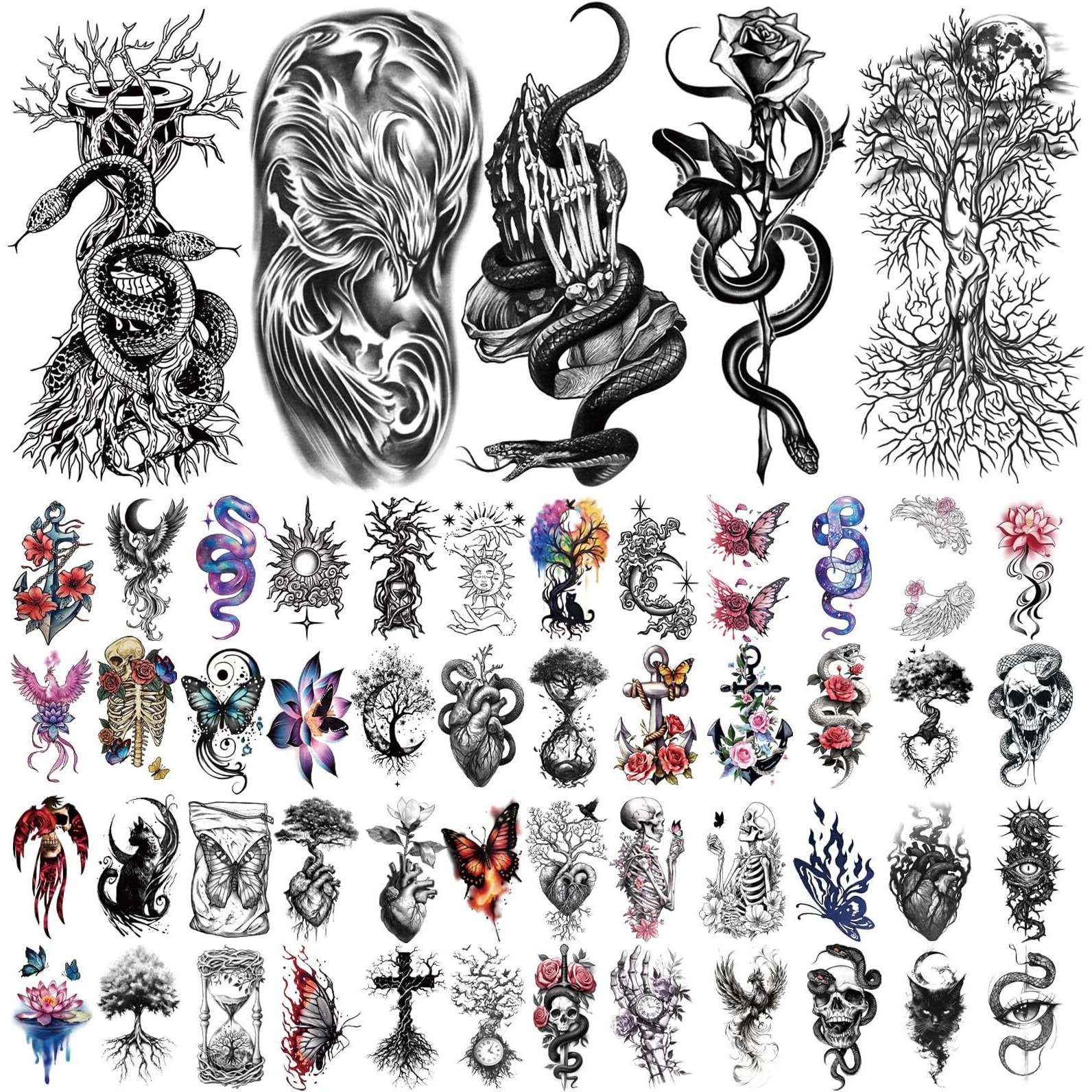 77 Sheets Temporary Tattoo For Women Men, 17 Sheets Half Arm Snake Skull Butterfly Fake Tattoos, 60 Sheets Cat Feater Wings Tiny For Adult Kids Party Body Tattoos Stickers Realistic Long Lasting