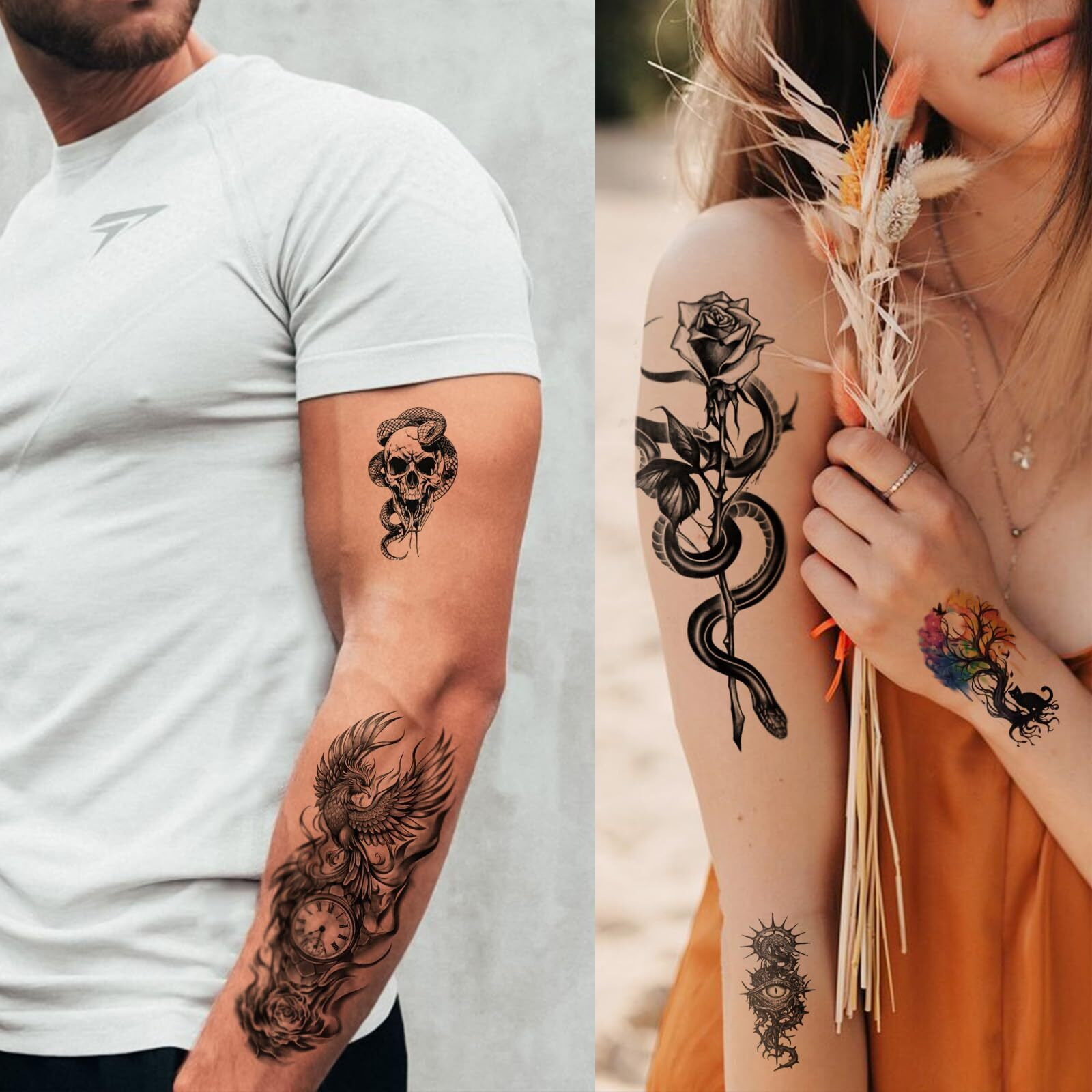 77 Sheets Temporary Tattoo For Women Men, 17 Sheets Half Arm Snake Skull Butterfly Fake Tattoos, 60 Sheets Cat Feater Wings Tiny For Adult Kids Party Body Tattoos Stickers Realistic Long Lasting