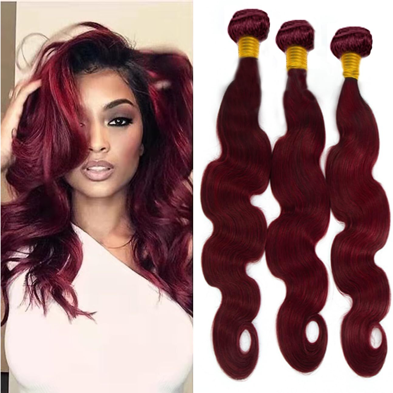 Heiowuio 99J Body Wave Human Hair 3 Bundles Burgundy Brazilian Remy Hair Weaves For Women Grade 8A Real Unprocessed Virgin Hair Bundles 99J Hair Bundles 12 14 16 Inch