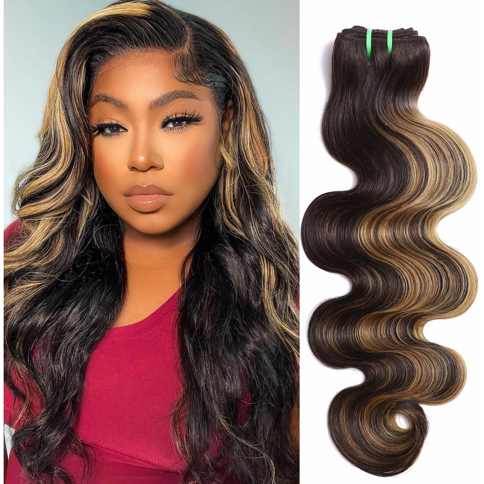Hermous 13A Double Drawn Fb/27 Human Hair Bundles Body Wave Blonde Highlight Color, Honey Blonde With Black Single Bundle Human Hair 100% Unprocessed Hair Colored Single Bundle Wavy Sew In 12 Inch