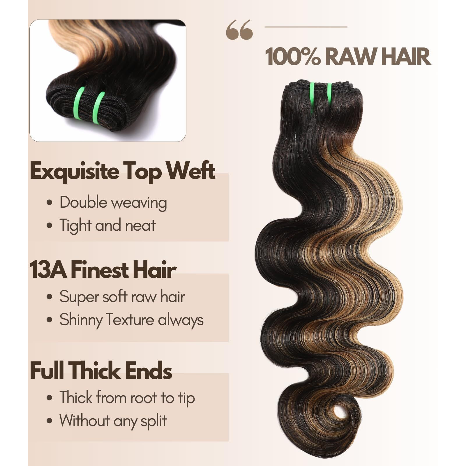 Hermous 13A Double Drawn Fb/27 Human Hair Bundles Body Wave Blonde Highlight Color, Honey Blonde With Black Single Bundle Human Hair 100% Unprocessed Hair Colored Single Bundle Wavy Sew In 12 Inch