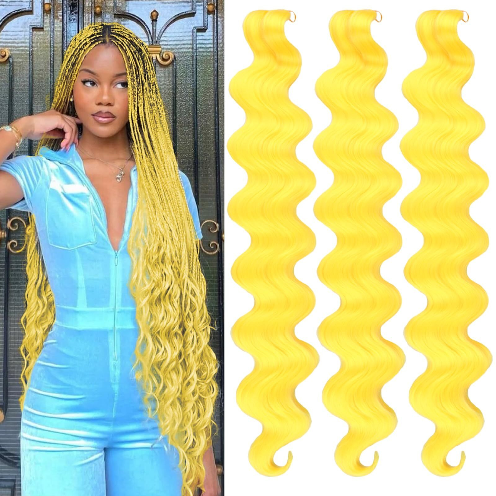 Unionbeauty Body Wave Braiding Hair 24 Inch 3Pcs Pre-Feathered Braiding Hair Yellow Boho Box Braids For Goddess Box Braids Hair Deep Wave Crochet Hair Synthetic Hair Extension Crochet Braids (Yellow)