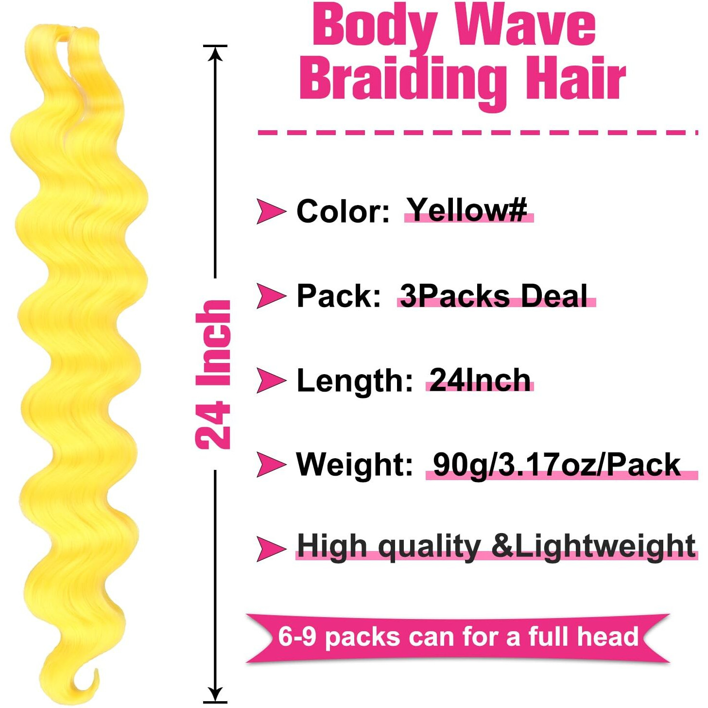 Unionbeauty Body Wave Braiding Hair 24 Inch 3Pcs Pre-Feathered Braiding Hair Yellow Boho Box Braids For Goddess Box Braids Hair Deep Wave Crochet Hair Synthetic Hair Extension Crochet Braids (Yellow)
