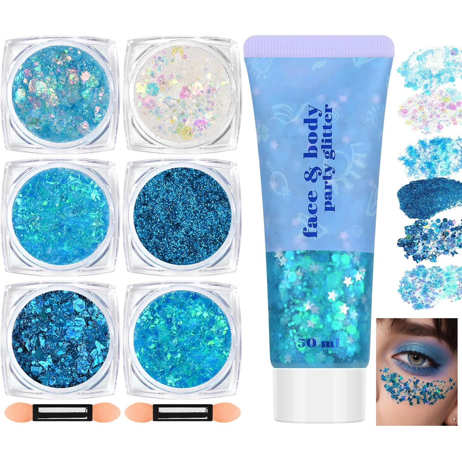 Freeorr Blue Face And Body Hair Glitter Gel, Party Concerts Cheer Face Paint Holographic Chunky Festival Rave Accessories Glitter Makeup, 6 Kinds Of Sparkling Sequins For Hair Nail Eye Lip Body