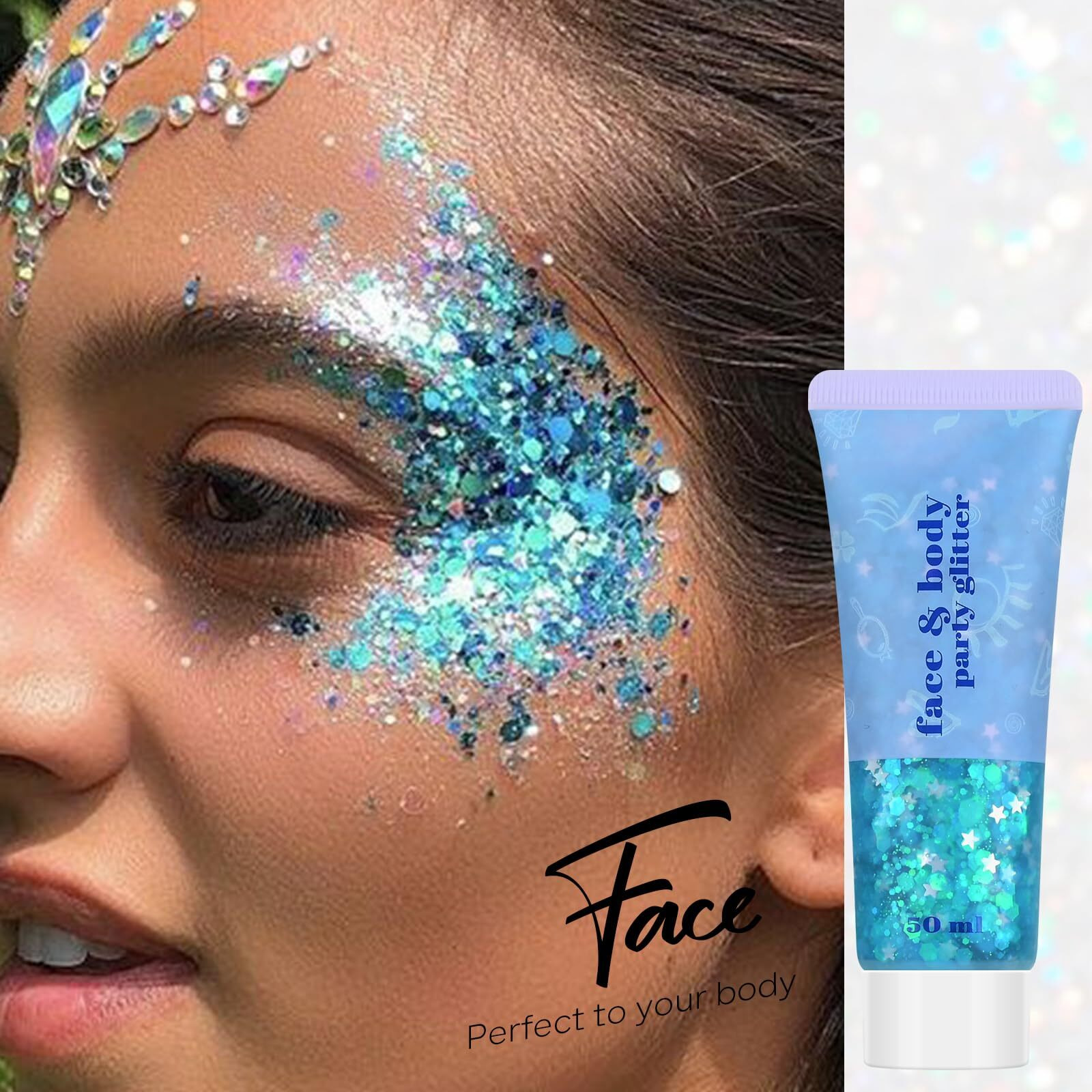 Freeorr Blue Face And Body Hair Glitter Gel, Party Concerts Cheer Face Paint Holographic Chunky Festival Rave Accessories Glitter Makeup, 6 Kinds Of Sparkling Sequins For Hair Nail Eye Lip Body