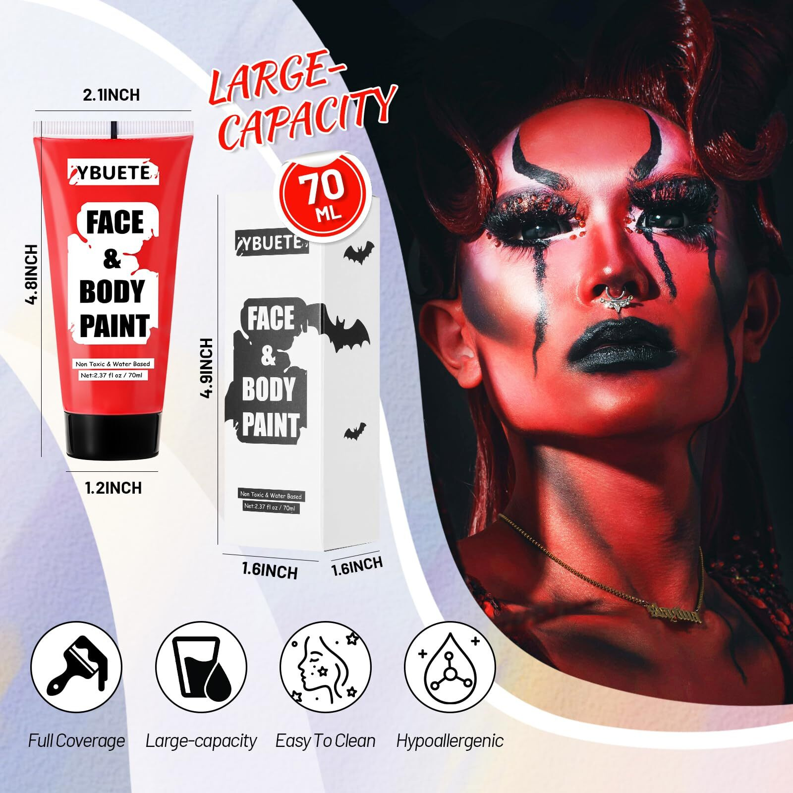 Ybuete Devil Red Water Based Face Body Paint, 2.37 Oz Large Tube Full Coverage Face Paint For Cosplay Joker Vampire Spiderman, Washable Red Body Painting Cream For Adult Carnival Halloween Sfx Makeup