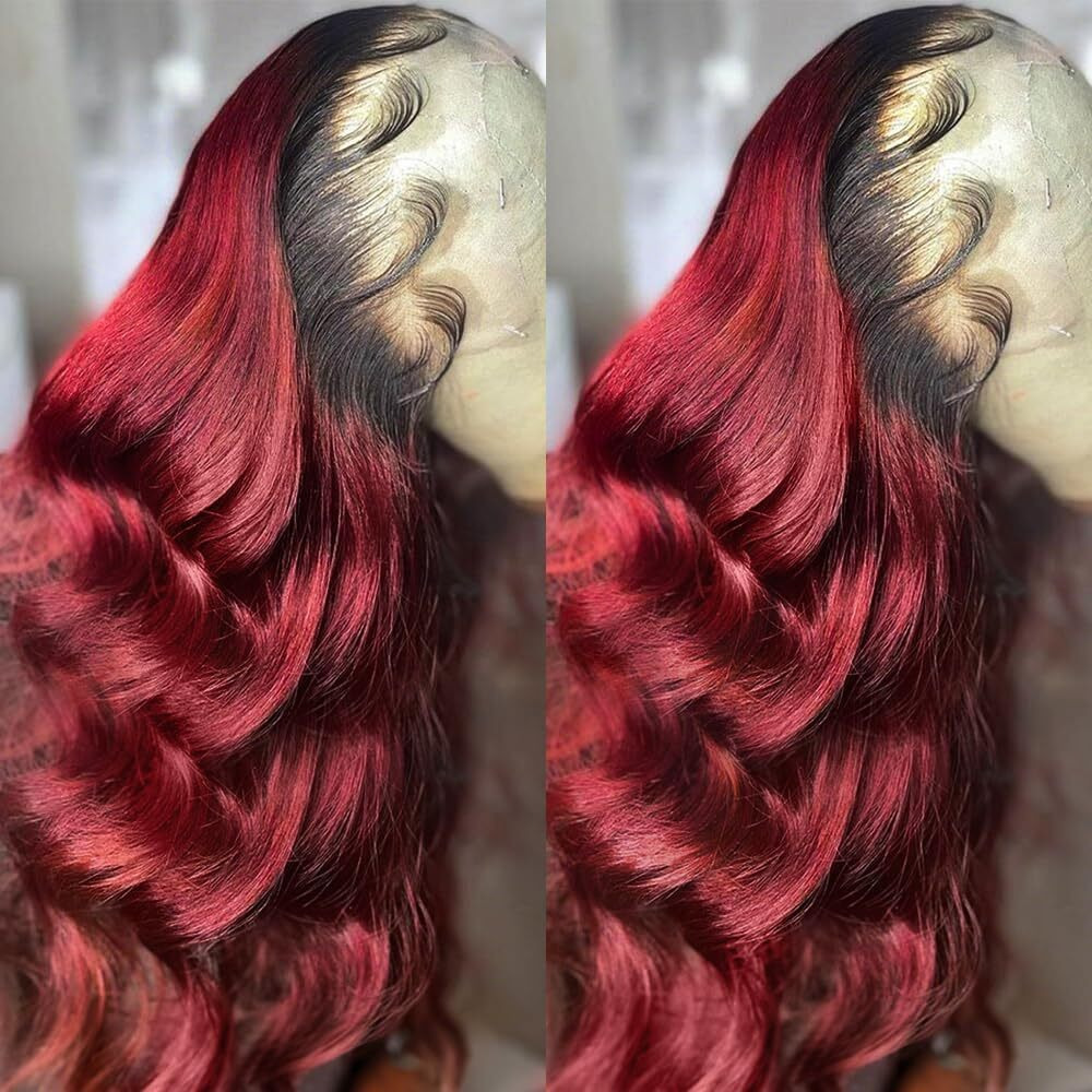 Baiics 250% Density 1B 99J Burgundy Lace Front Wigs Human Hair Red Burgundy Wig Human Hair 13X6 Hd Body Wave Lace Front Wigs Human Hair For Women Burgundy Ombre Lace Front Wig Human Hair