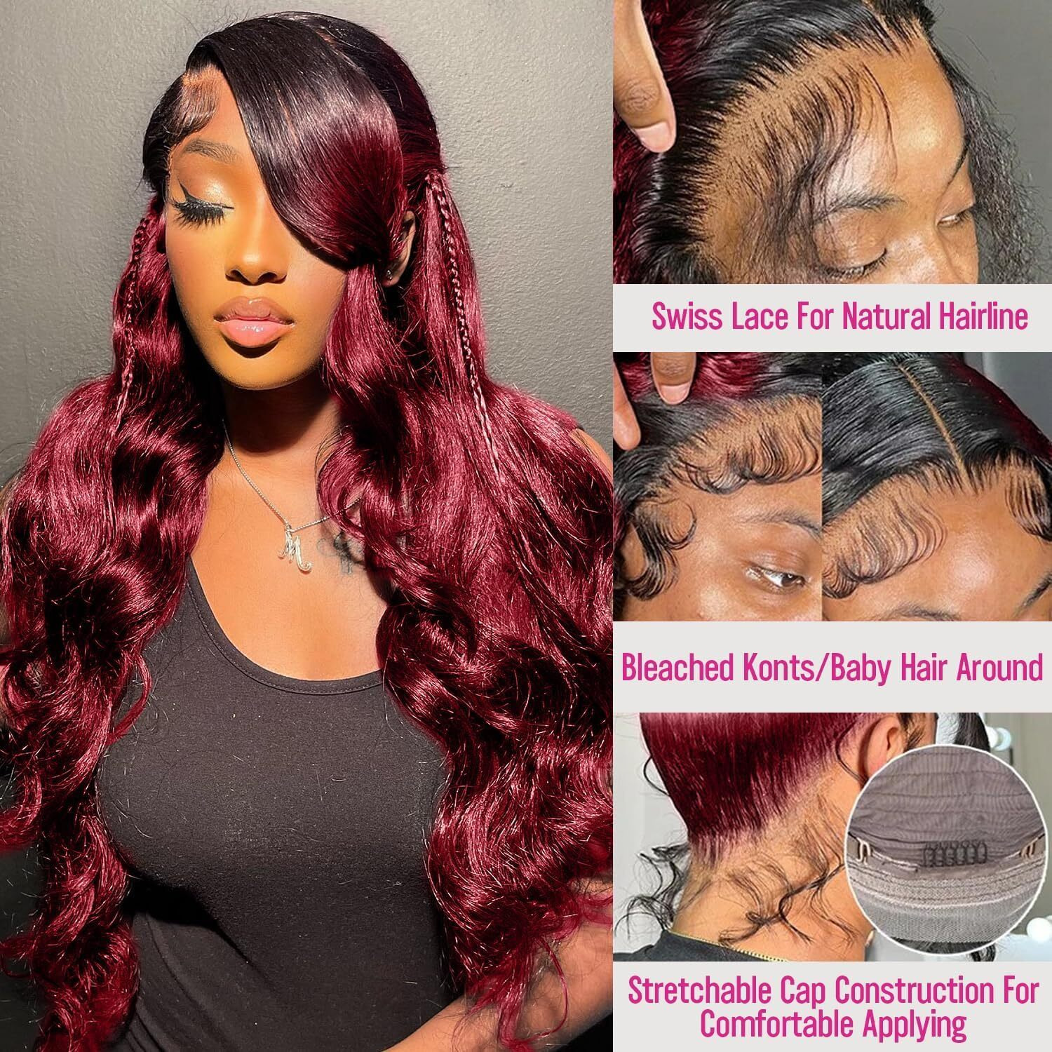 Baiics 250% Density 1B 99J Burgundy Lace Front Wigs Human Hair Red Burgundy Wig Human Hair 13X6 Hd Body Wave Lace Front Wigs Human Hair For Women Burgundy Ombre Lace Front Wig Human Hair