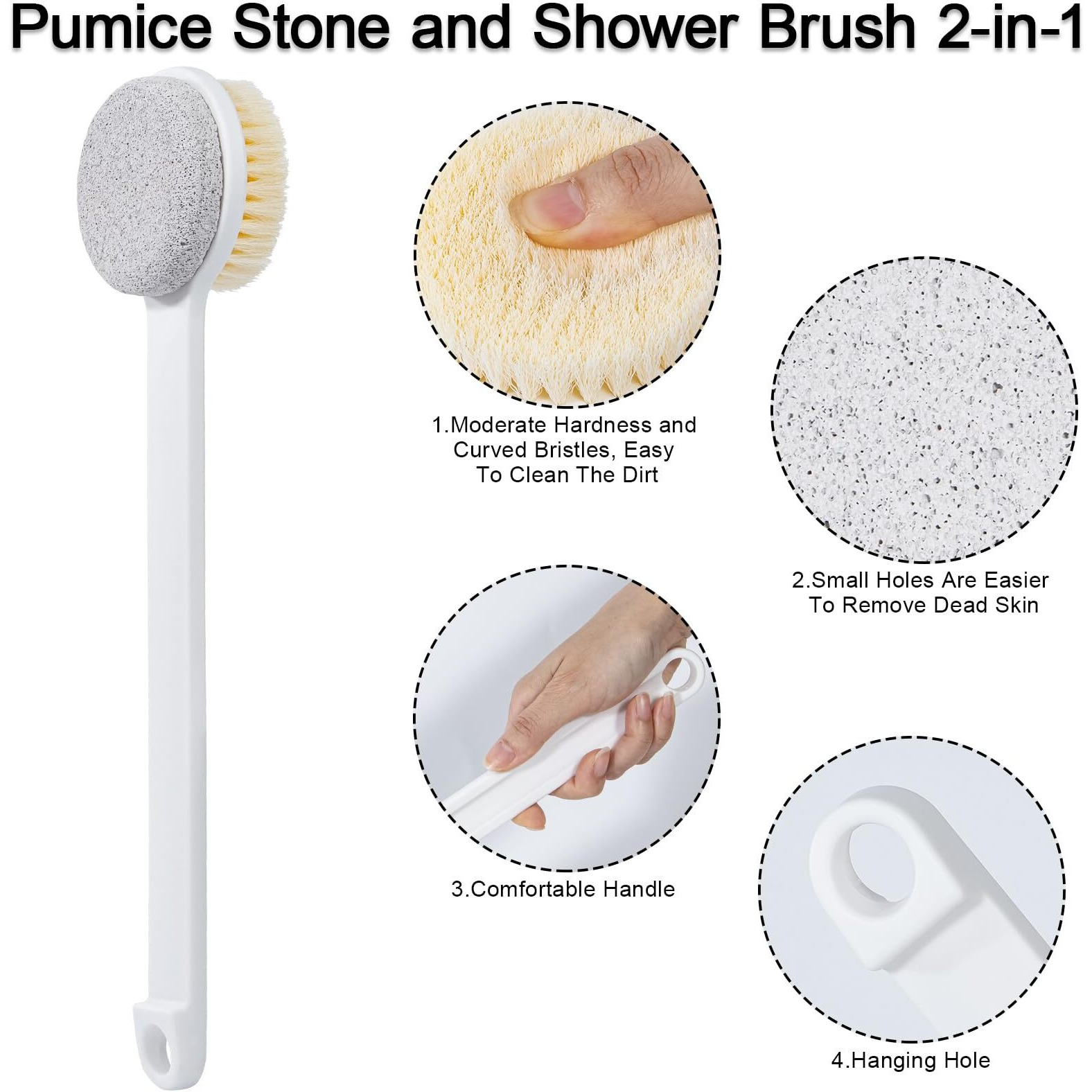 Beomeen 2 Pcs Pumice Stone For Feet And Body Brush With Long Handle, Hard Skin Callus Remover, 2 In 1 Foot Scrubber, Back Scrubber For Shower Deep Cleansing And Exfoliating (Straight)