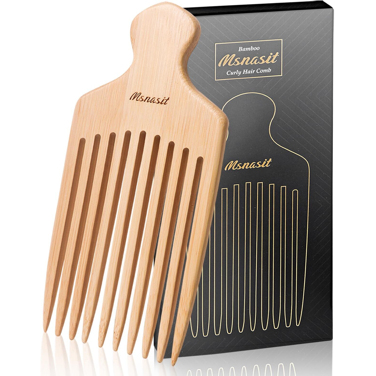 Msnasit Bamboo Hair Pick For Curly Hair, Premium Wide Tooth Detangling Comb With Ergonomic Handle, Natural Volume & Styling Tool For Men Women