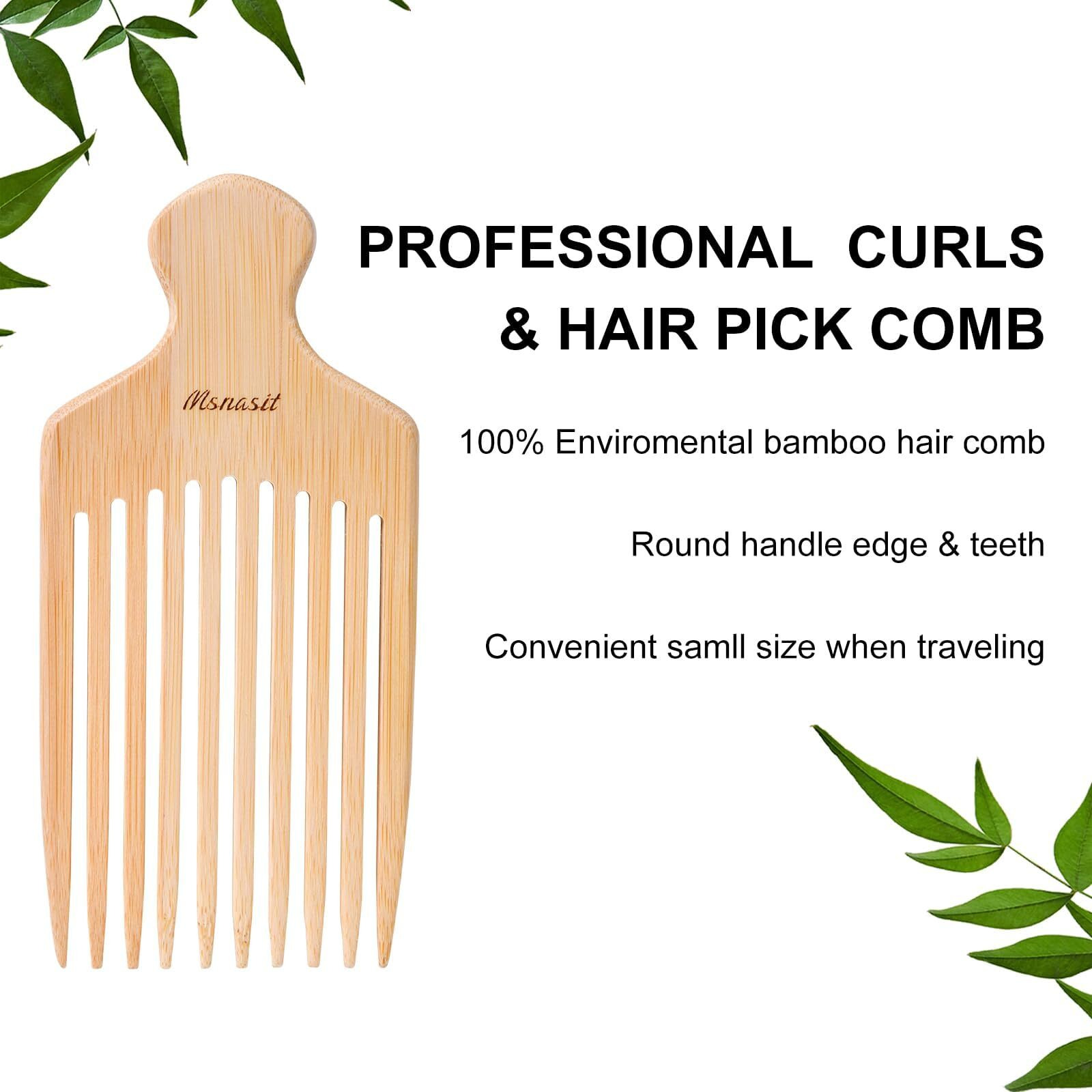 Msnasit Bamboo Hair Pick For Curly Hair, Premium Wide Tooth Detangling Comb With Ergonomic Handle, Natural Volume & Styling Tool For Men Women