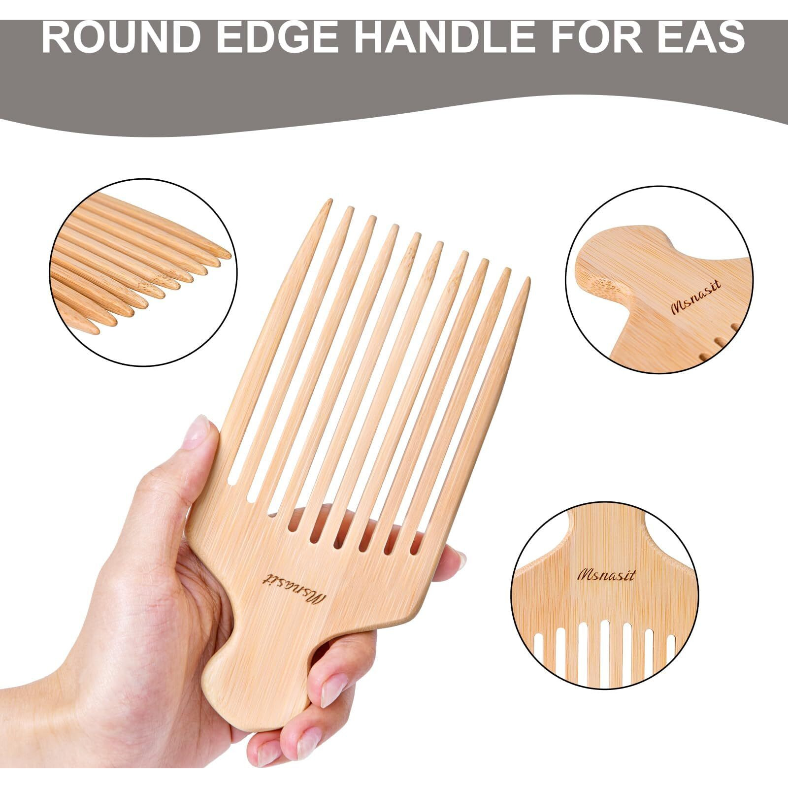 Msnasit Bamboo Hair Pick For Curly Hair, Premium Wide Tooth Detangling Comb With Ergonomic Handle, Natural Volume & Styling Tool For Men Women