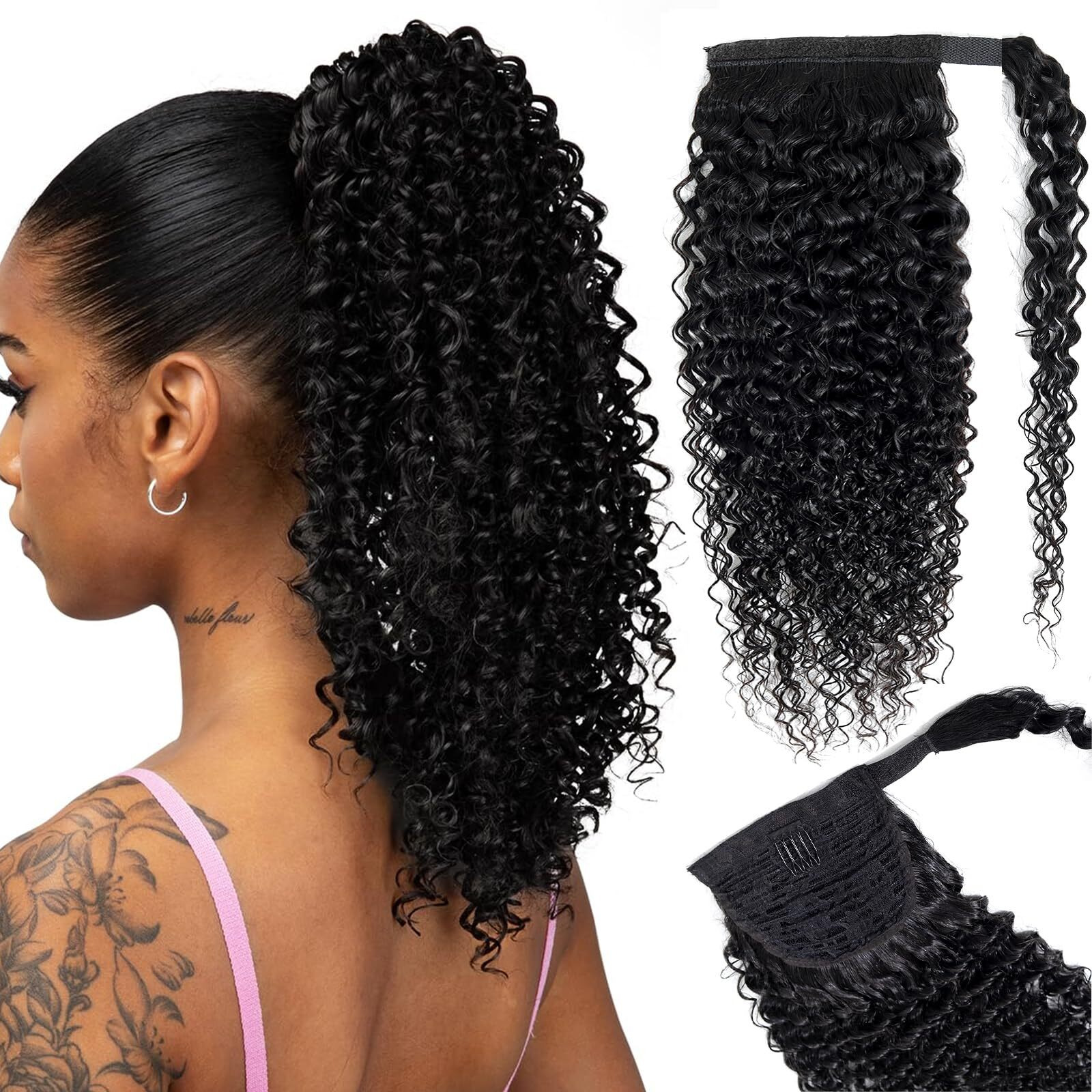 Annora Kinky Curly Ponytail Human Hair Extensions For Women Unprocessed Remy Wrap Around Pony Tail Extension Magic Paste Brazilian Curly Human Hair Ponytail Hair Piece 1B Natural Black Color 20 Inches