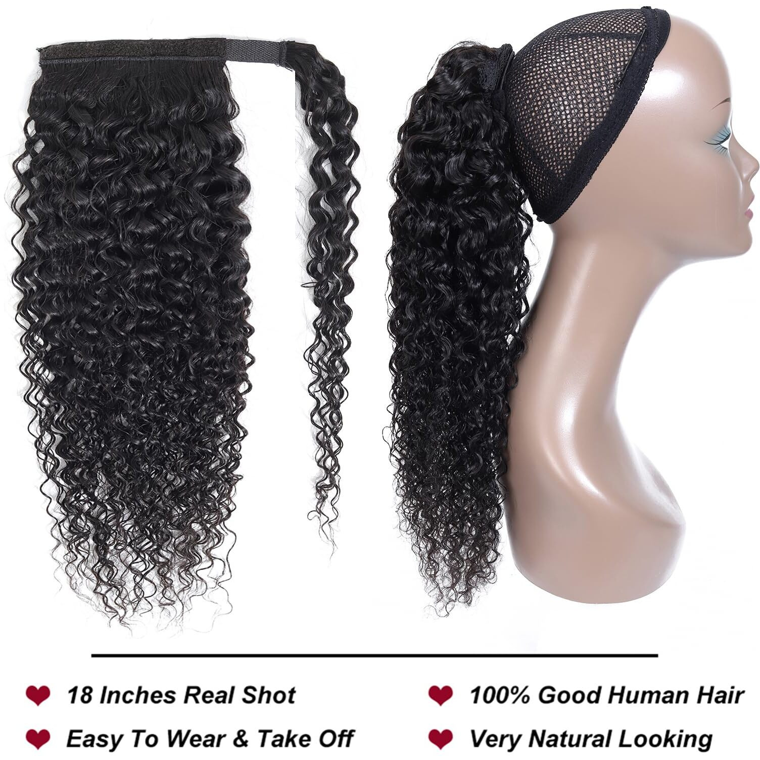 Annora Kinky Curly Ponytail Human Hair Extensions For Women Unprocessed Remy Wrap Around Pony Tail Extension Magic Paste Brazilian Curly Human Hair Ponytail Hair Piece 1B Natural Black Color 20 Inches
