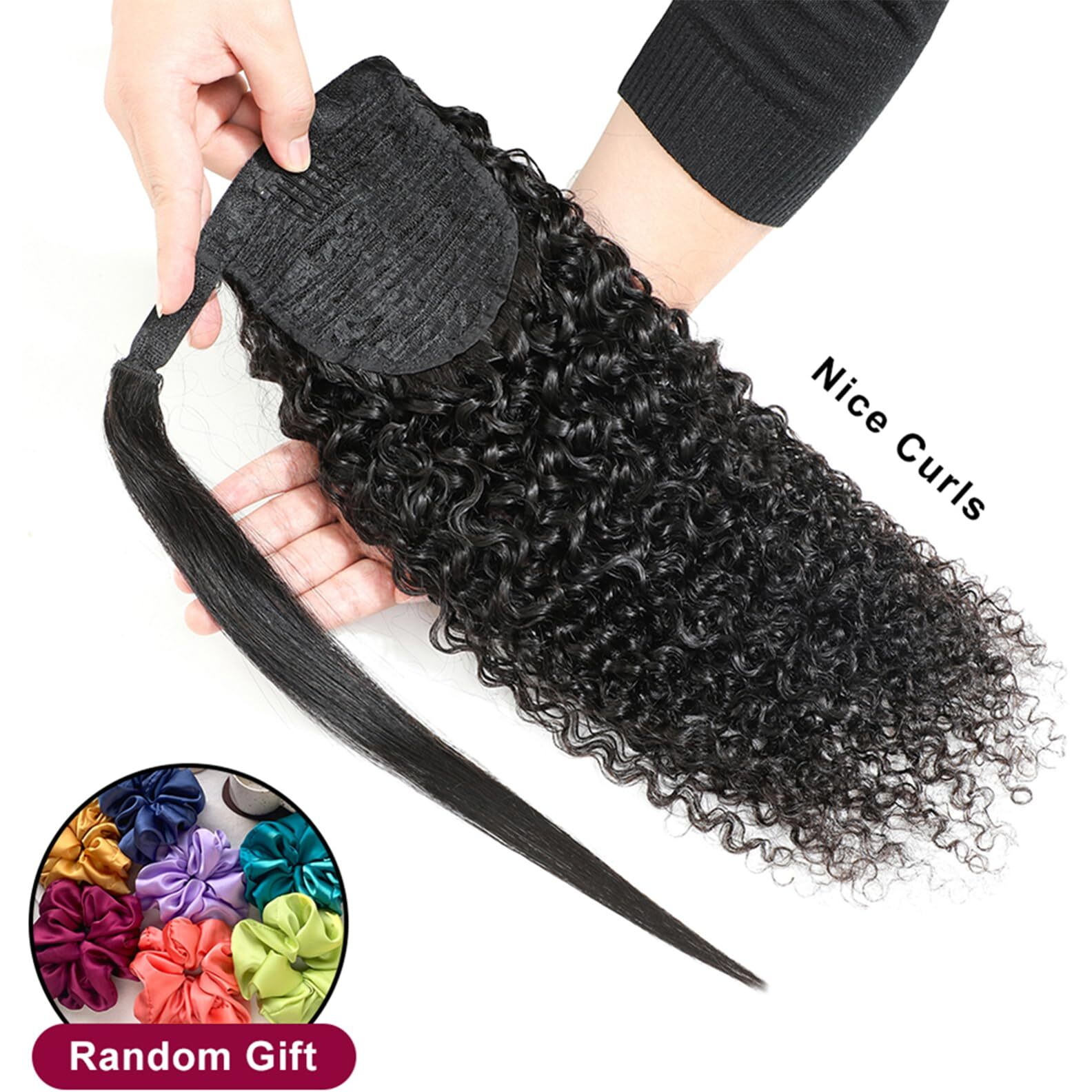 Annora Kinky Curly Ponytail Human Hair Extensions For Women Unprocessed Remy Wrap Around Pony Tail Extension Magic Paste Brazilian Curly Human Hair Ponytail Hair Piece 1B Natural Black Color 20 Inches