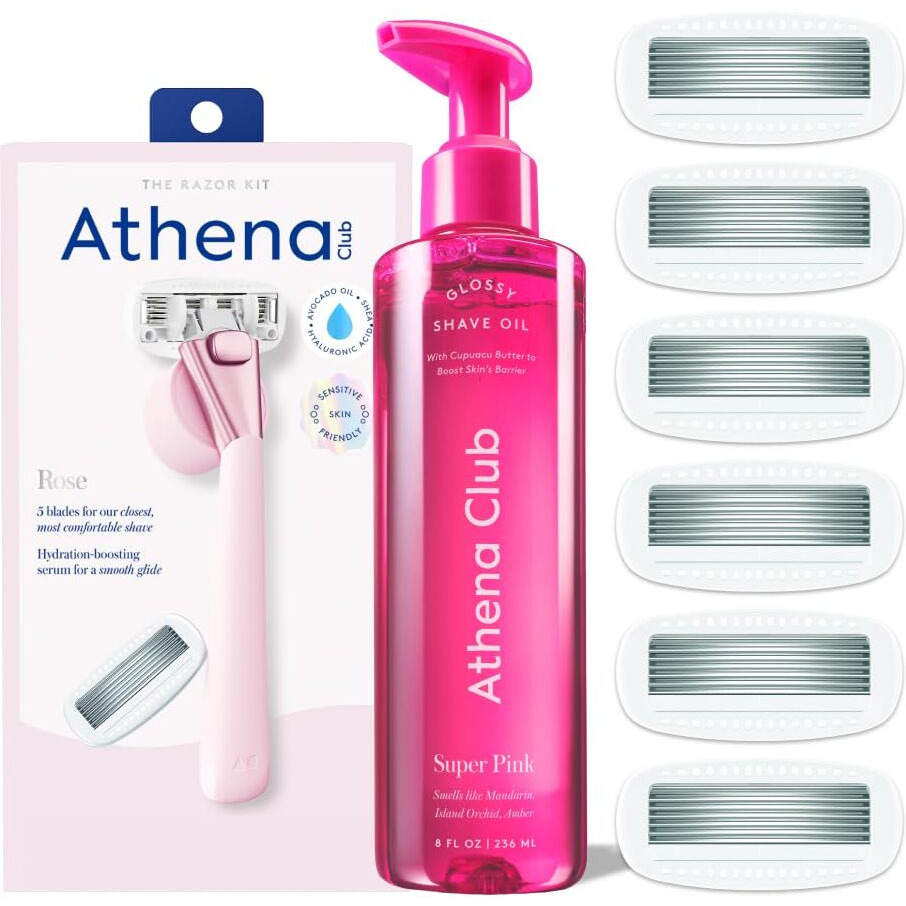 Athena Club Women's Razor Shave Kit, 1 Rose Razor Handle + 6 Blade Refills + Super Pink Glossy Shave Oil