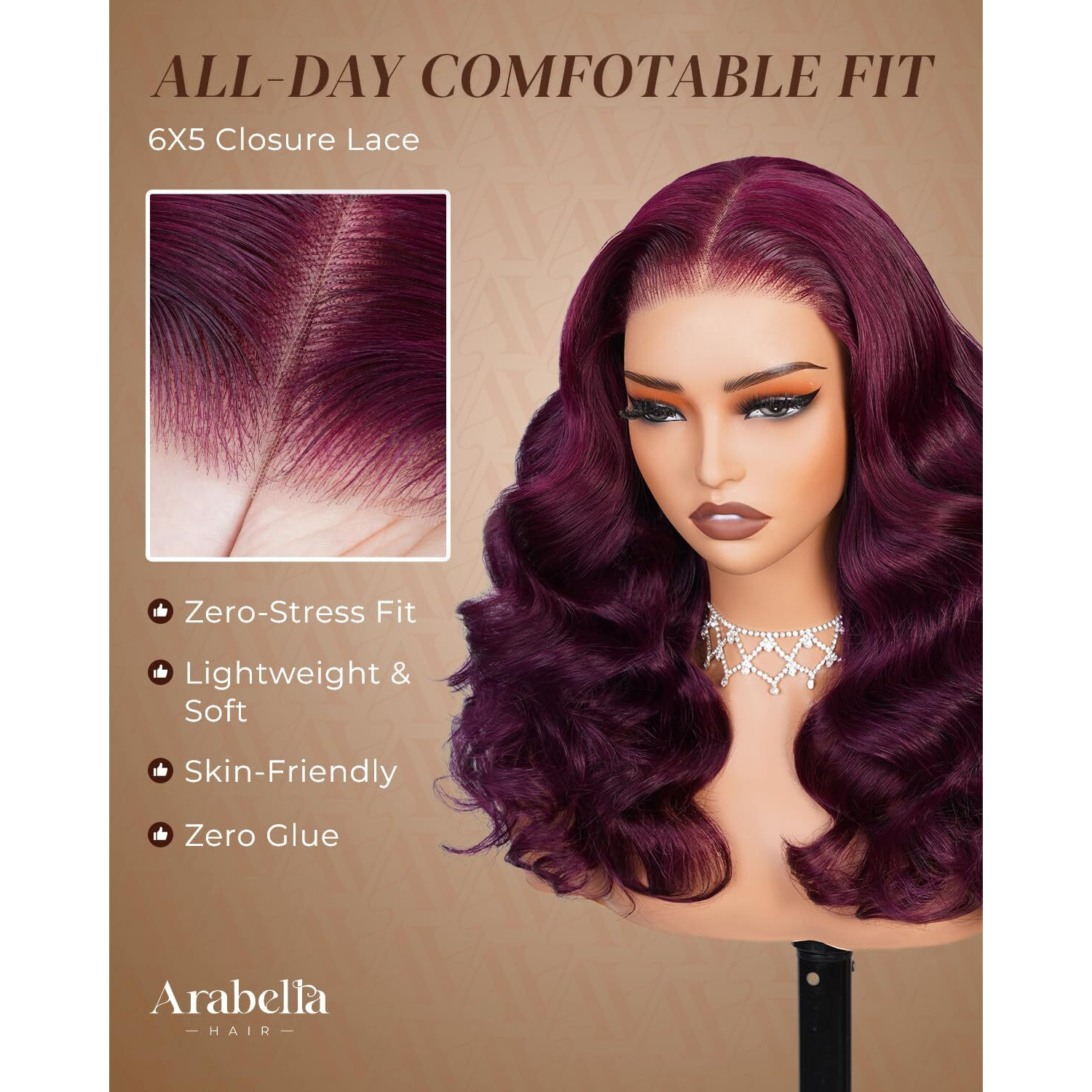 Arabella 5X6 Glueless Wigs Burgundy Wig Human Hair Pre Plucked Pre Cut 230% Density Glueless Wigs 100% Human Hair 12A Pre Plucked Bleached Knots Loose Body Wave Wig 20Inch