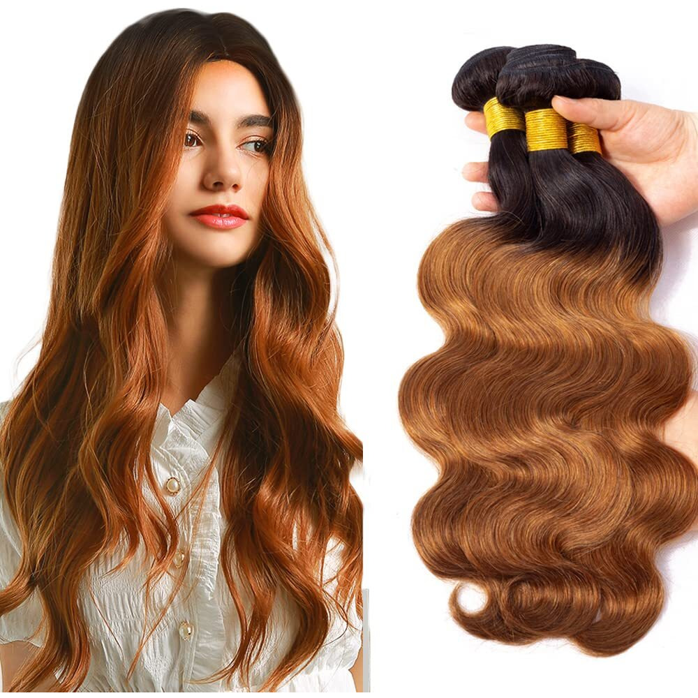 1B30 Body Wave Bundle Ombre Brown Human Hair 3 Bundles Brazilian Unprocessed Virgin Hair Extensions For Women Dark Brown Color 22 24 26 Inch