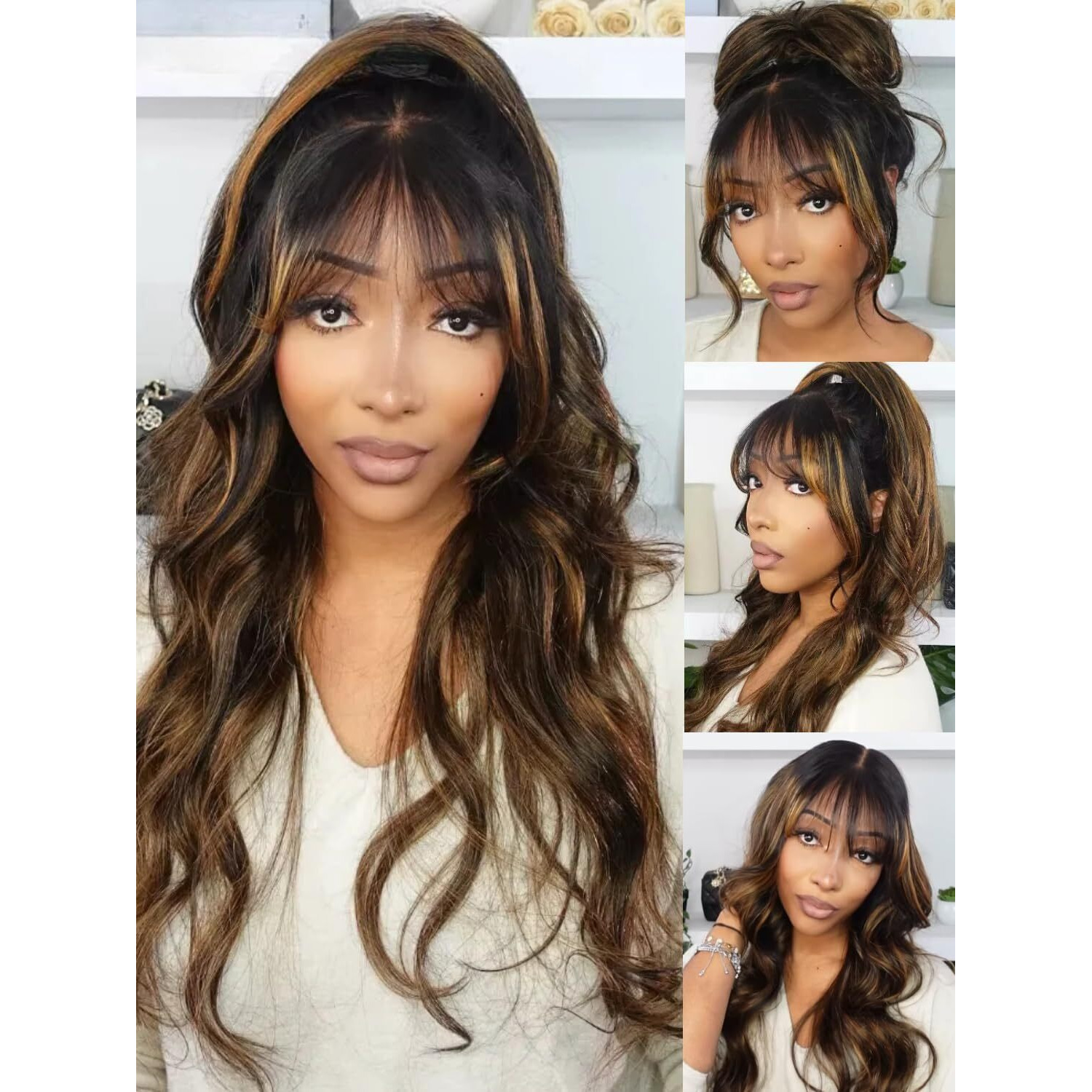Julia Hair Pre Everything Glueless 13X4 Hd Lace Front Wigs Human Hair Pre Plucked Pre Cut Balayage Highlight Body Wave Curtain Bangs Bye Bye Knots Drawstring Wigs Ready To Wear Frontal Wig 16 Inch
