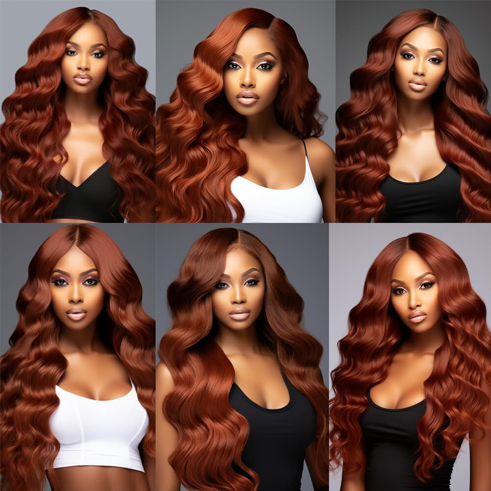 Niciitysi Color 33 Bundles Human Hair Reddish Brown Body Wave Bundles Human Hair 28 30 32 Inch Double Weft Brazilian Virgin Hair Extensions Auburn Silky Soft For Women