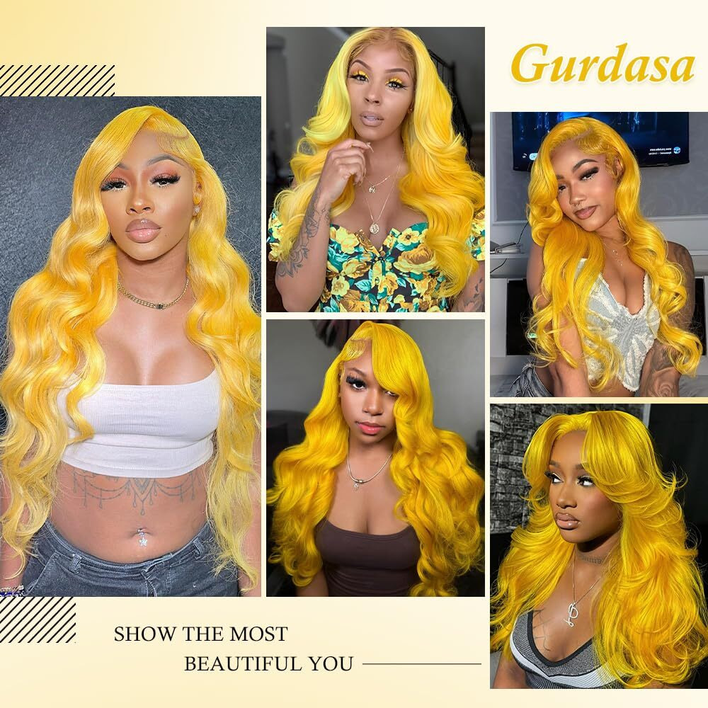 Gurdasa Yellow Wig Human Hair 13X4 Yellow Human Hair Wig 200 Density Body Wave Lace Front Wig Human Hair Colored Lace Front Wigs Pre Plucked With Natural Hairline Hd Frontal Wigs 24 Inch