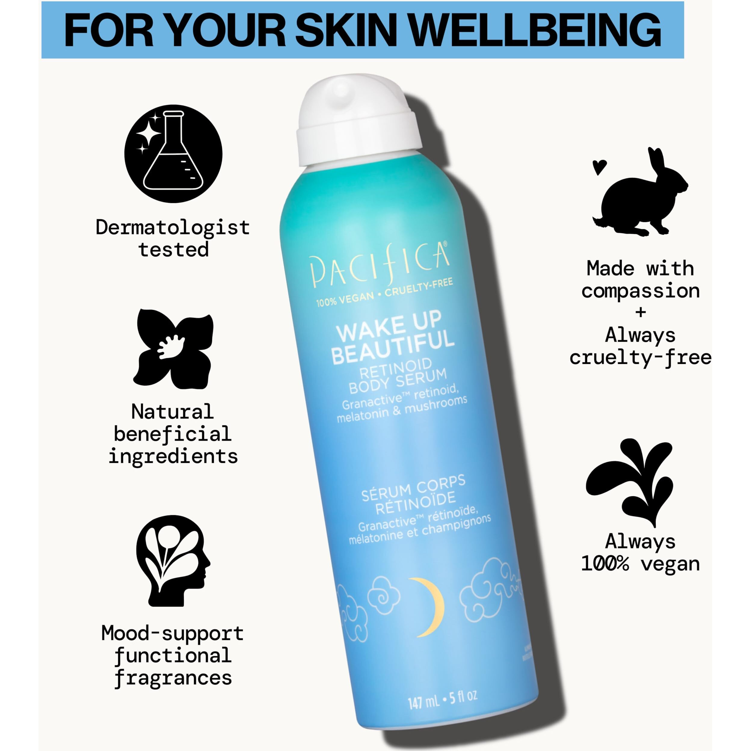 Pacifica Spray Lotion For Body - Wake Up Beautiful Body Serum - Overnight Retinoid Body Treatment, Spray-On Hydrating Serum With Granactive Retinoid, Mushrooms & Melatonin, Plumps & Renews Skin, Vegan