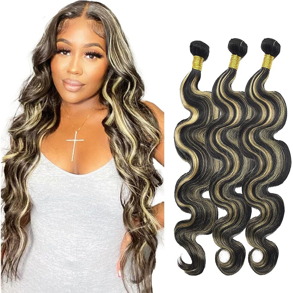 Niciitysi Highlight P1B27 Body Wave Human Hair Bundles 14 16 18 Inch Double Weft Brazilian Hair Extensions Ombre Two Tone Black Mixed With Honey Blonde Bundles For Women